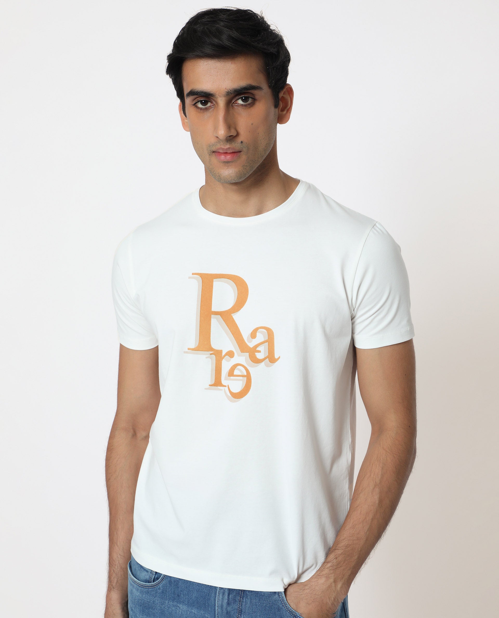 Rare Rabbit Men's Cero Off White Crew Neck Flock Print Branding Half Sleeves Regular Fit T-Shirt