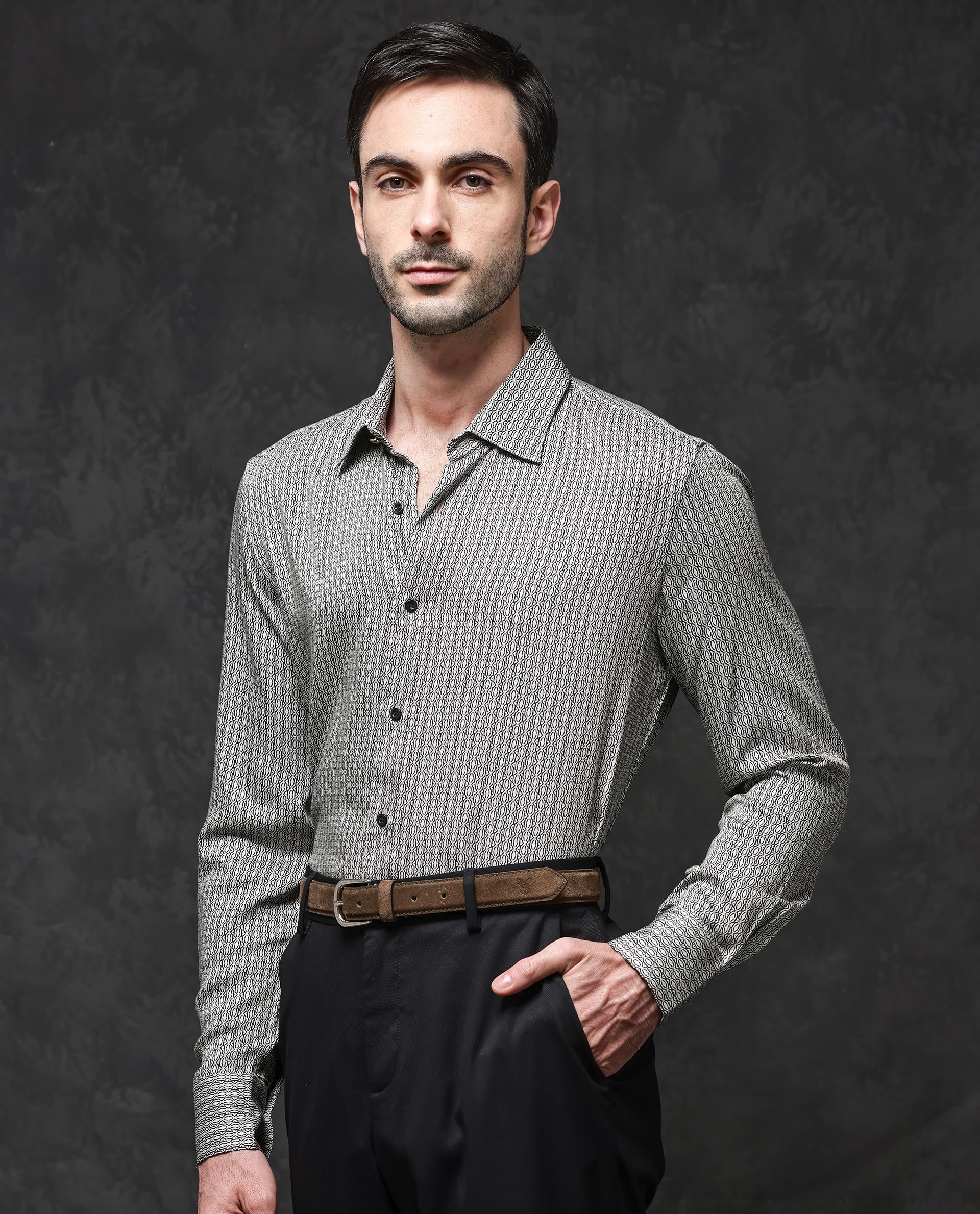 Rare Rabbit Mens Ceroz Beige Viscose Fabric Full Sleeve Geometric Print Shirt