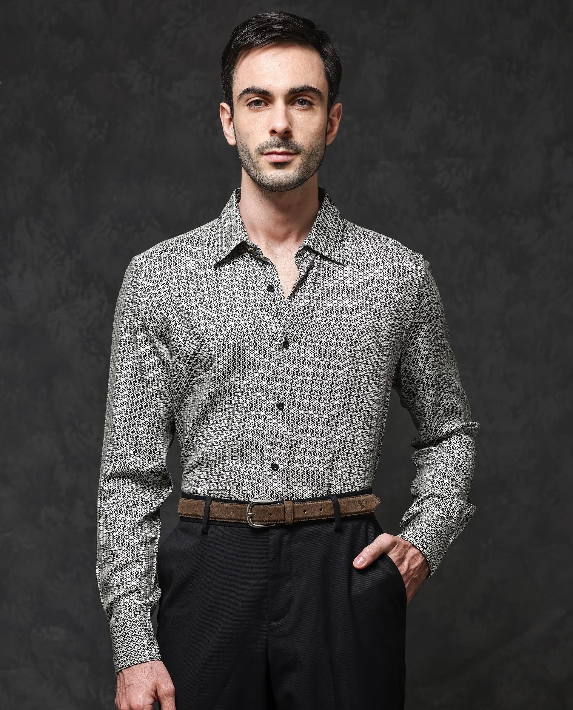 Rare Rabbit Mens Ceroz Beige Viscose Fabric Full Sleeve Geometric Print Shirt