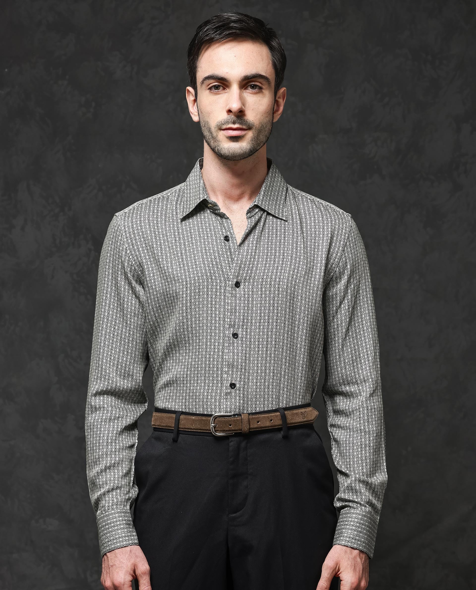 Rare Rabbit Mens Ceroz Beige Viscose Fabric Full Sleeve Geometric Print Shirt