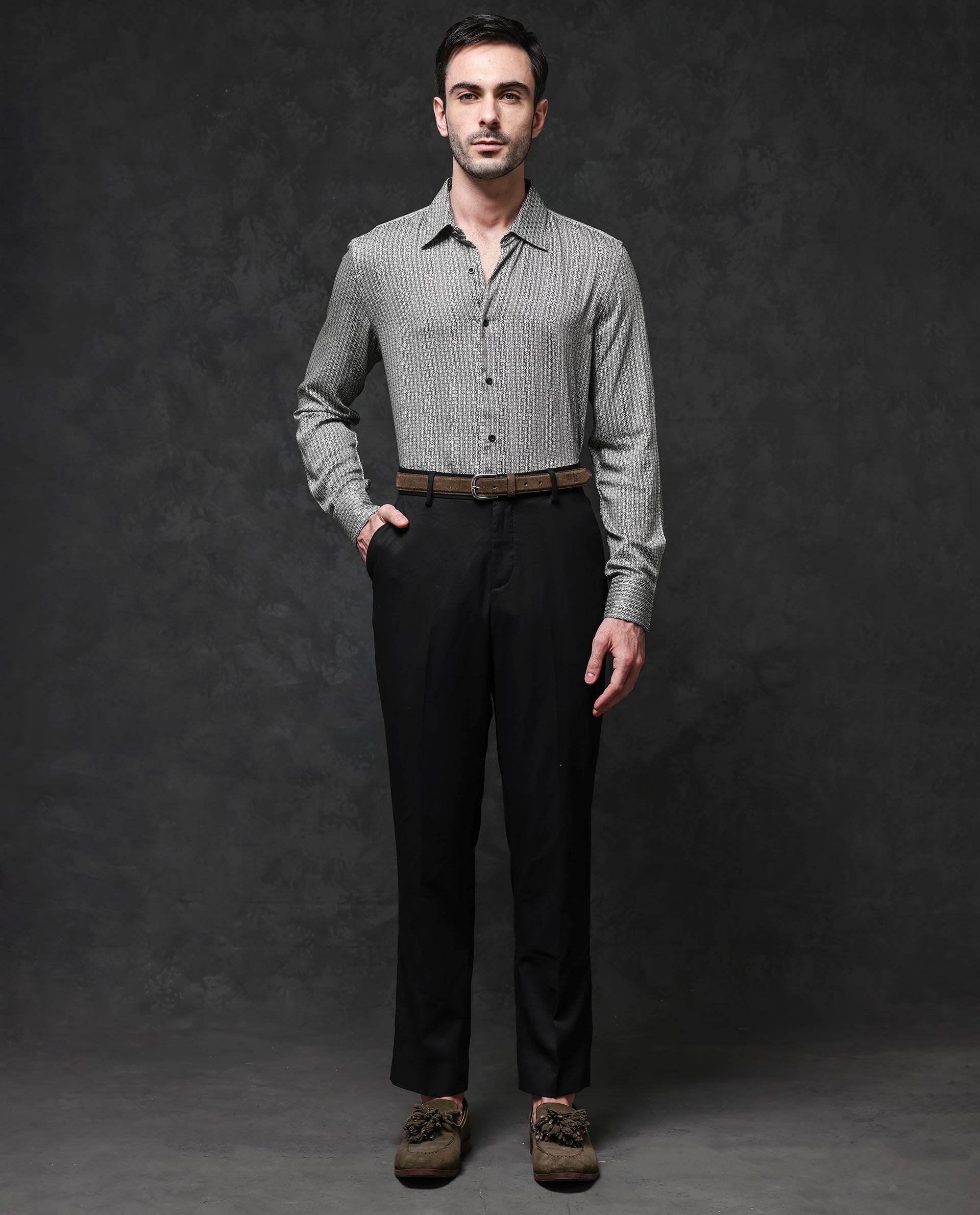 Rare Rabbit Mens Ceroz Beige Viscose Fabric Full Sleeve Geometric Print Shirt