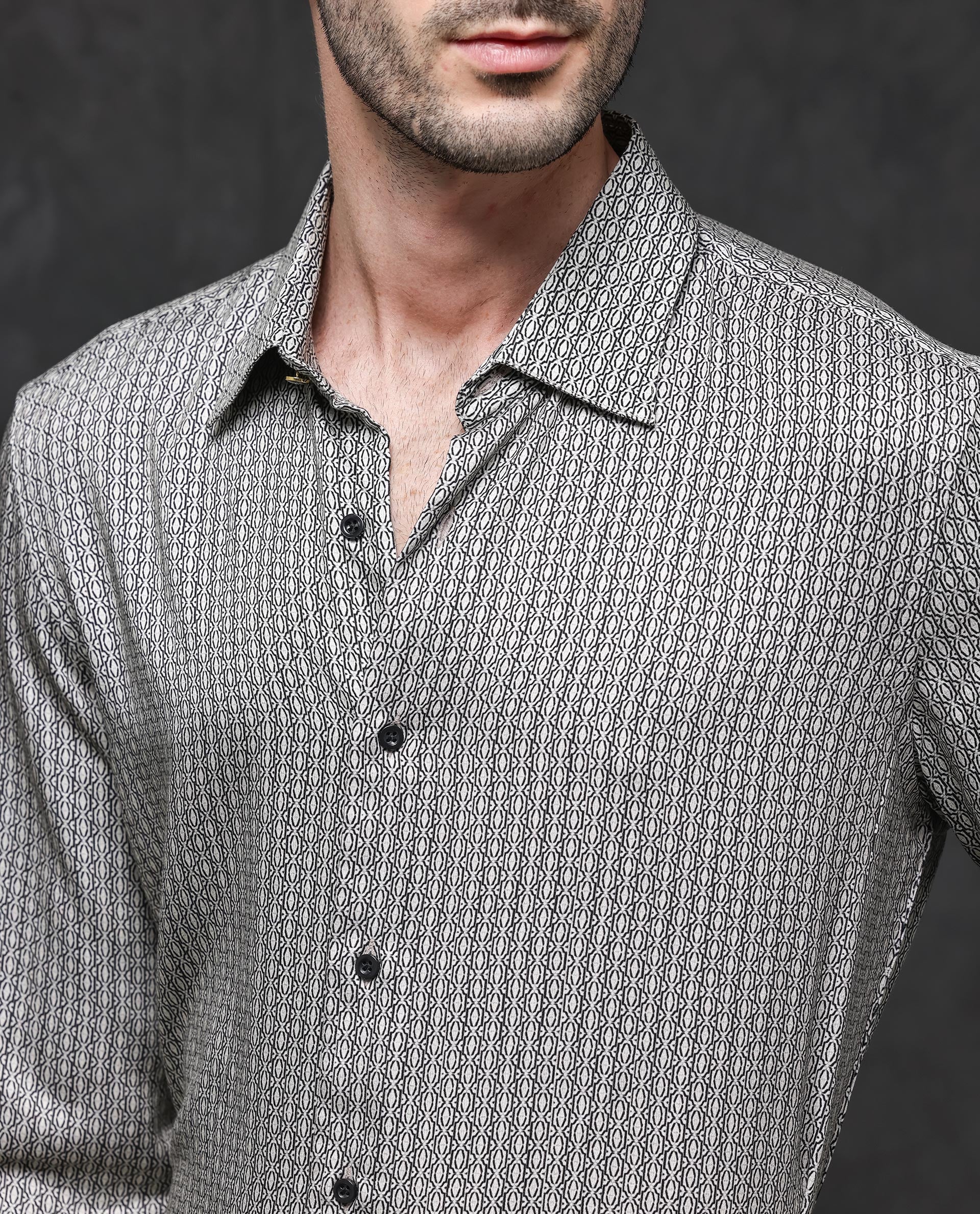 Rare Rabbit Mens Ceroz Beige Viscose Fabric Full Sleeve Geometric Print Shirt