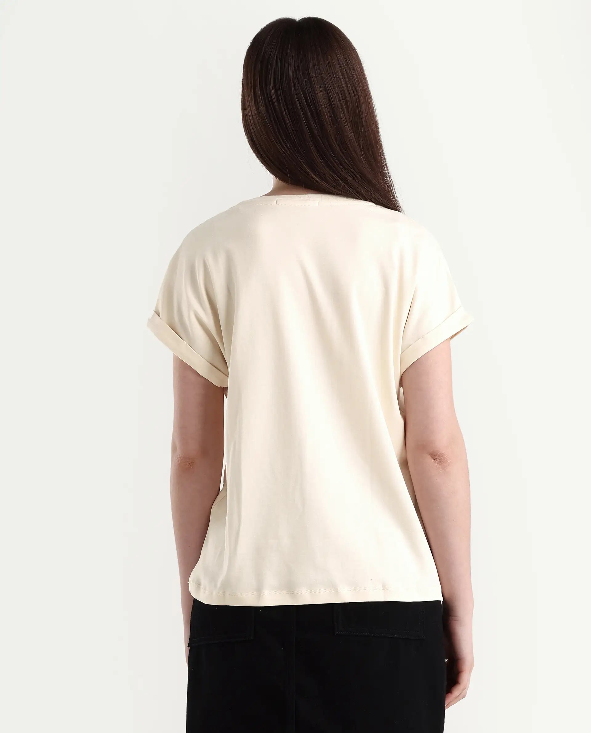 Rareism Women's Cersha Beige Cotton Crew Neck Graphic Print Extended Sleeves Boxy Fit T-Shirt