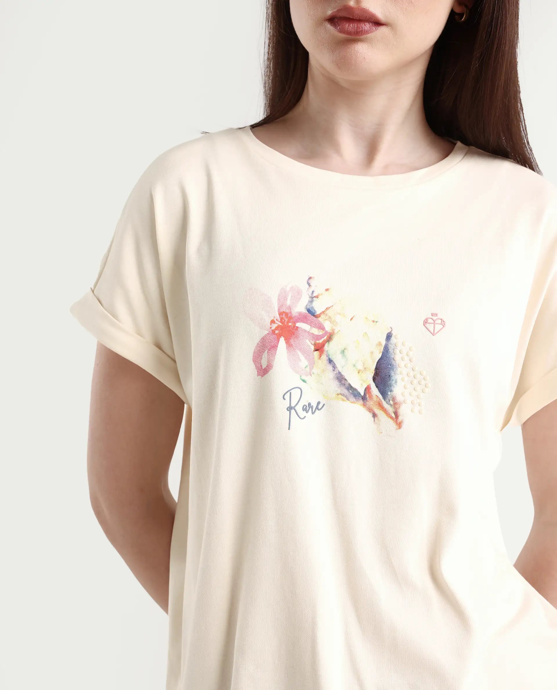 Rareism Women's Cersha Beige Cotton Crew Neck Graphic Print Extended Sleeves Boxy Fit T-Shirt