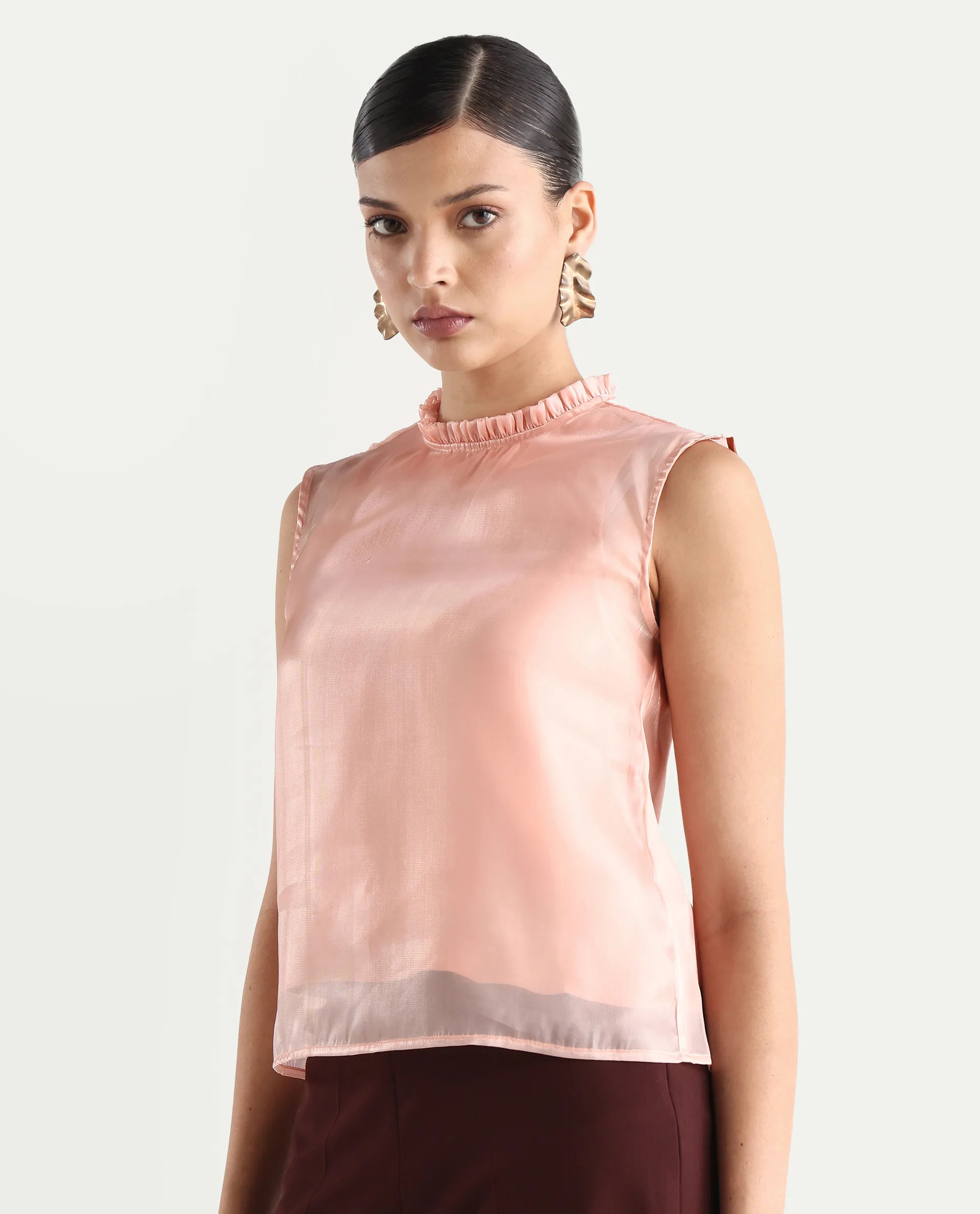 Rareism Women's Cessena Beige Cotton Mandarin Collar Plain Sleeveless Regular Fit Top