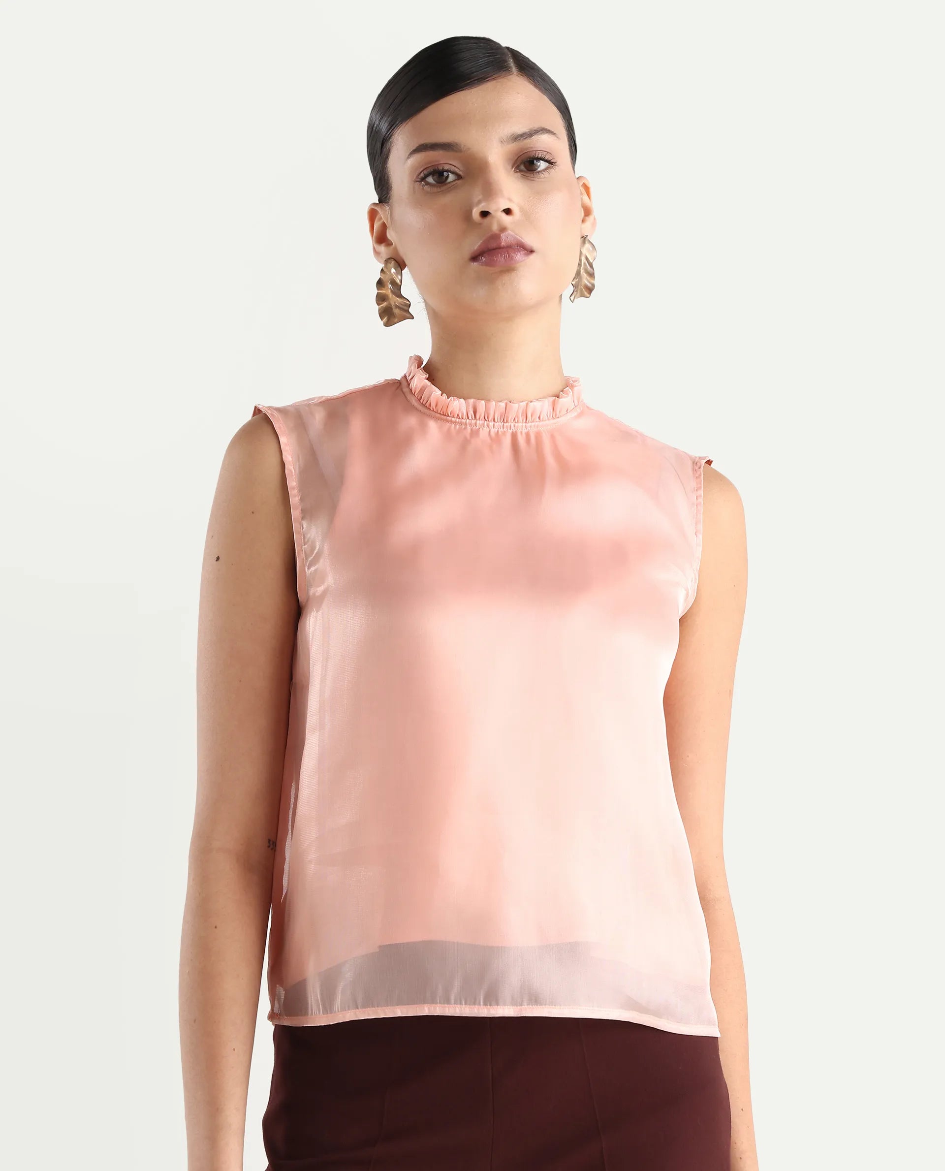 Rareism Women's Cessena Beige Cotton Mandarin Collar Plain Sleeveless Regular Fit Top