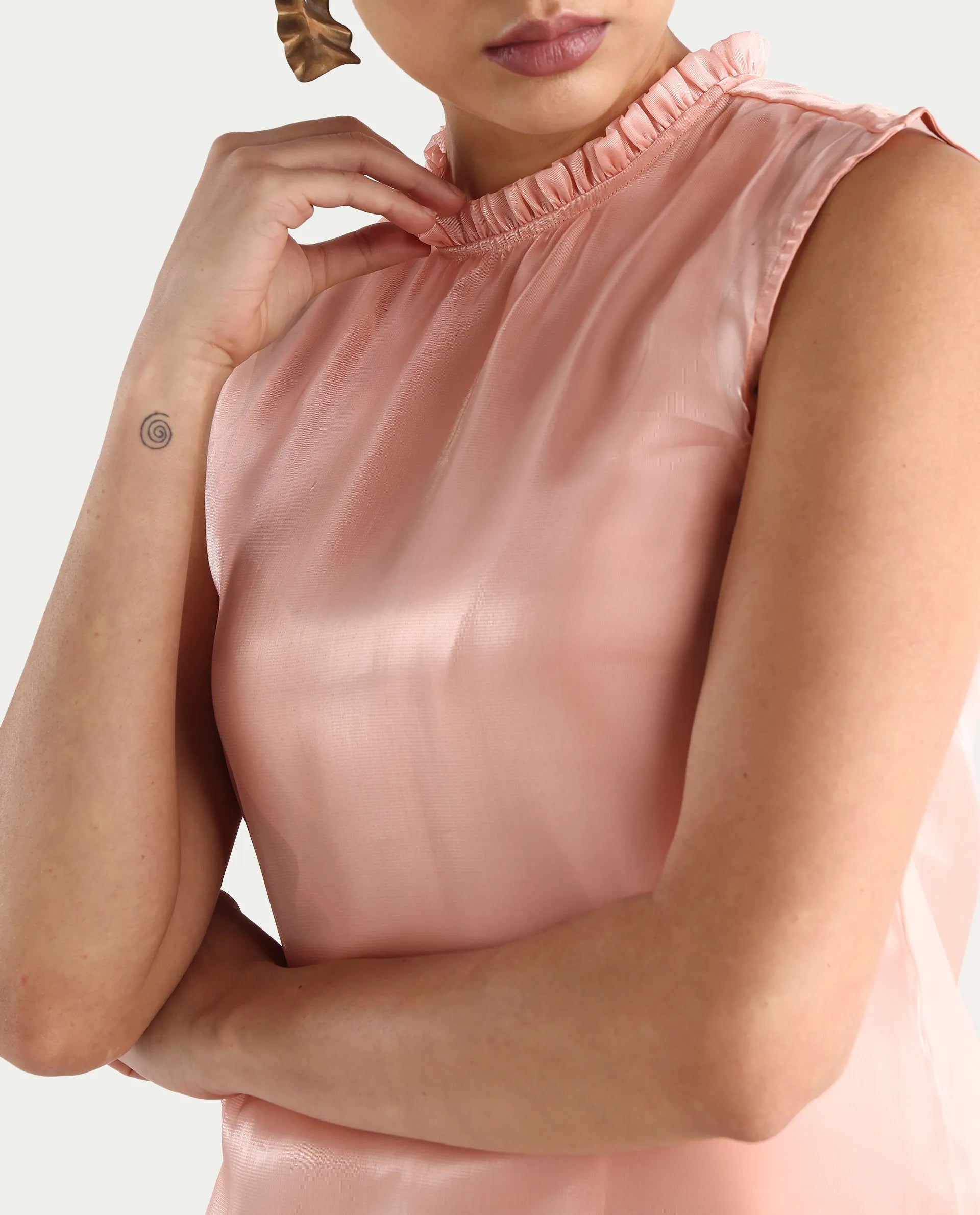 Rareism Women's Cessena Beige Cotton Mandarin Collar Plain Sleeveless Regular Fit Top