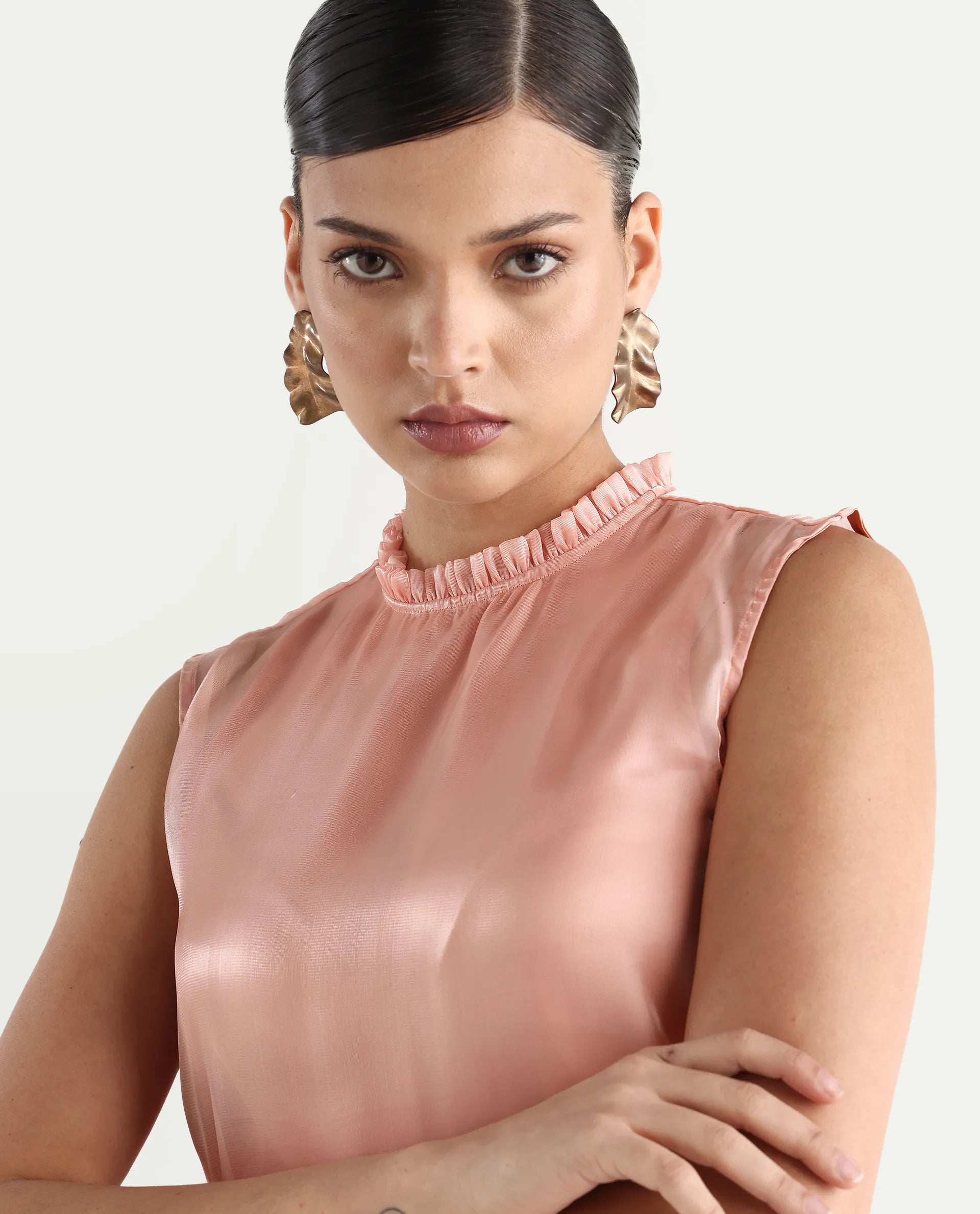 Rareism Women's Cessena Beige Cotton Mandarin Collar Plain Sleeveless Regular Fit Top