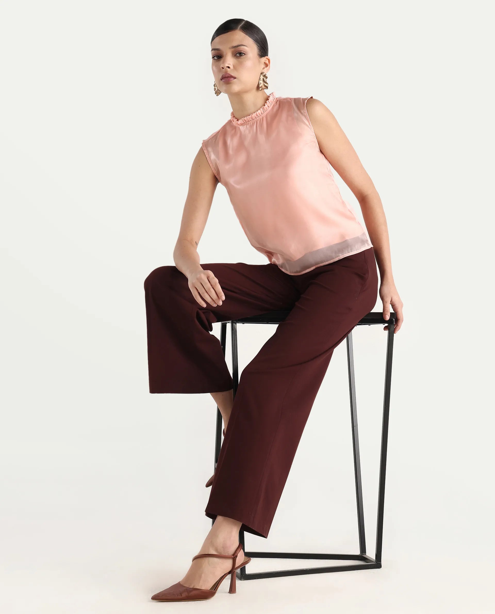 Rareism Women's Cessena Beige Cotton Mandarin Collar Plain Sleeveless Regular Fit Top