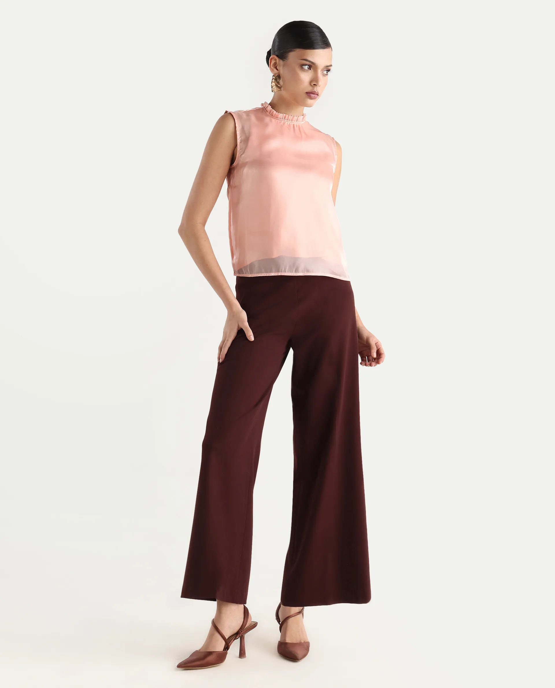 Rareism Women's Cessena Beige Cotton Mandarin Collar Plain Sleeveless Regular Fit Top