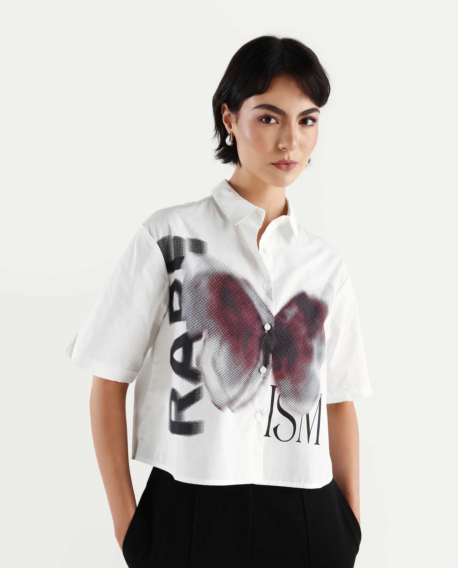 Rareism Women's Cetiop White Cotton Drop Collar Graphic Print Boxy Fit Shirt