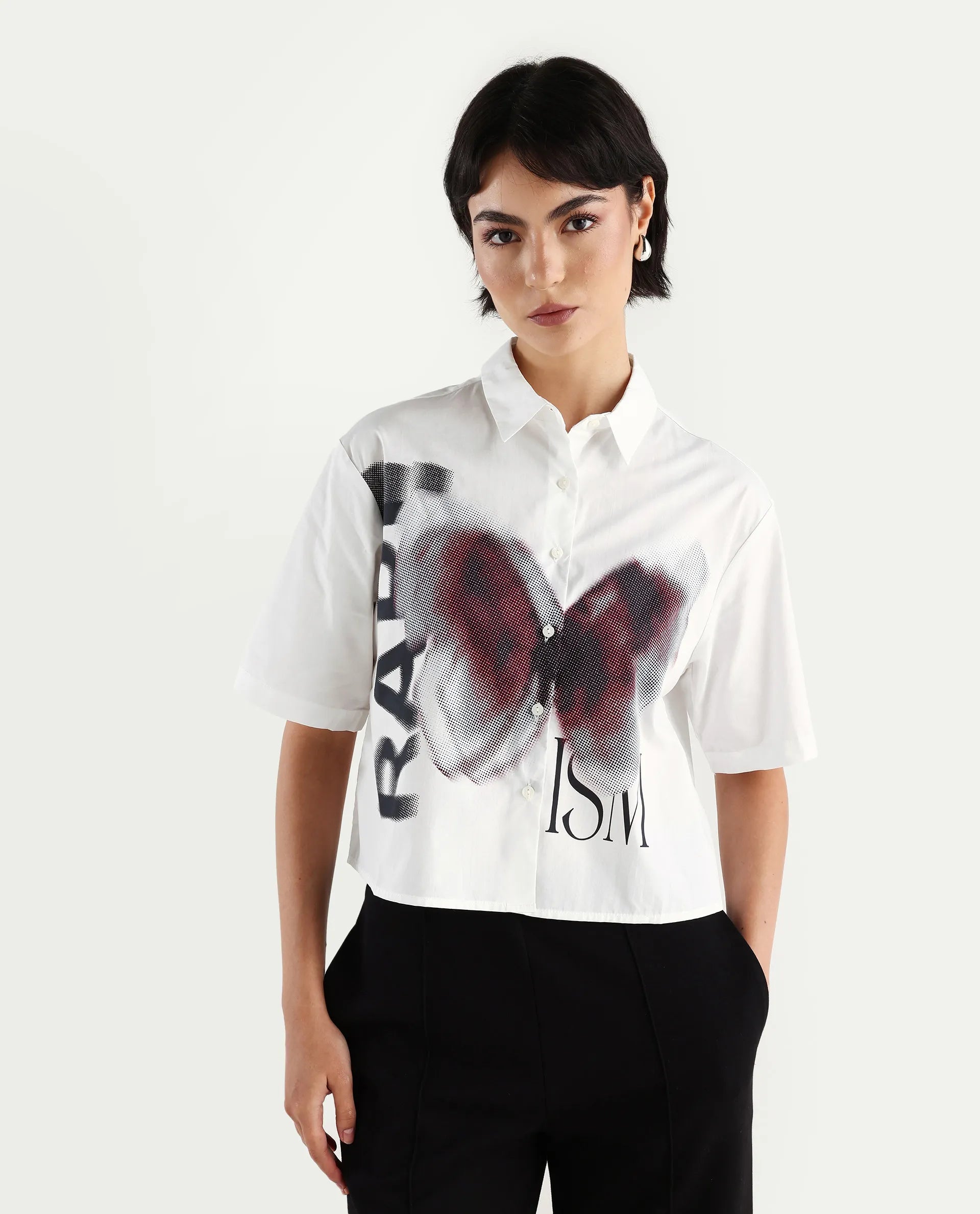 Rareism Women's Cetiop White Cotton Drop Collar Graphic Print Boxy Fit Shirt