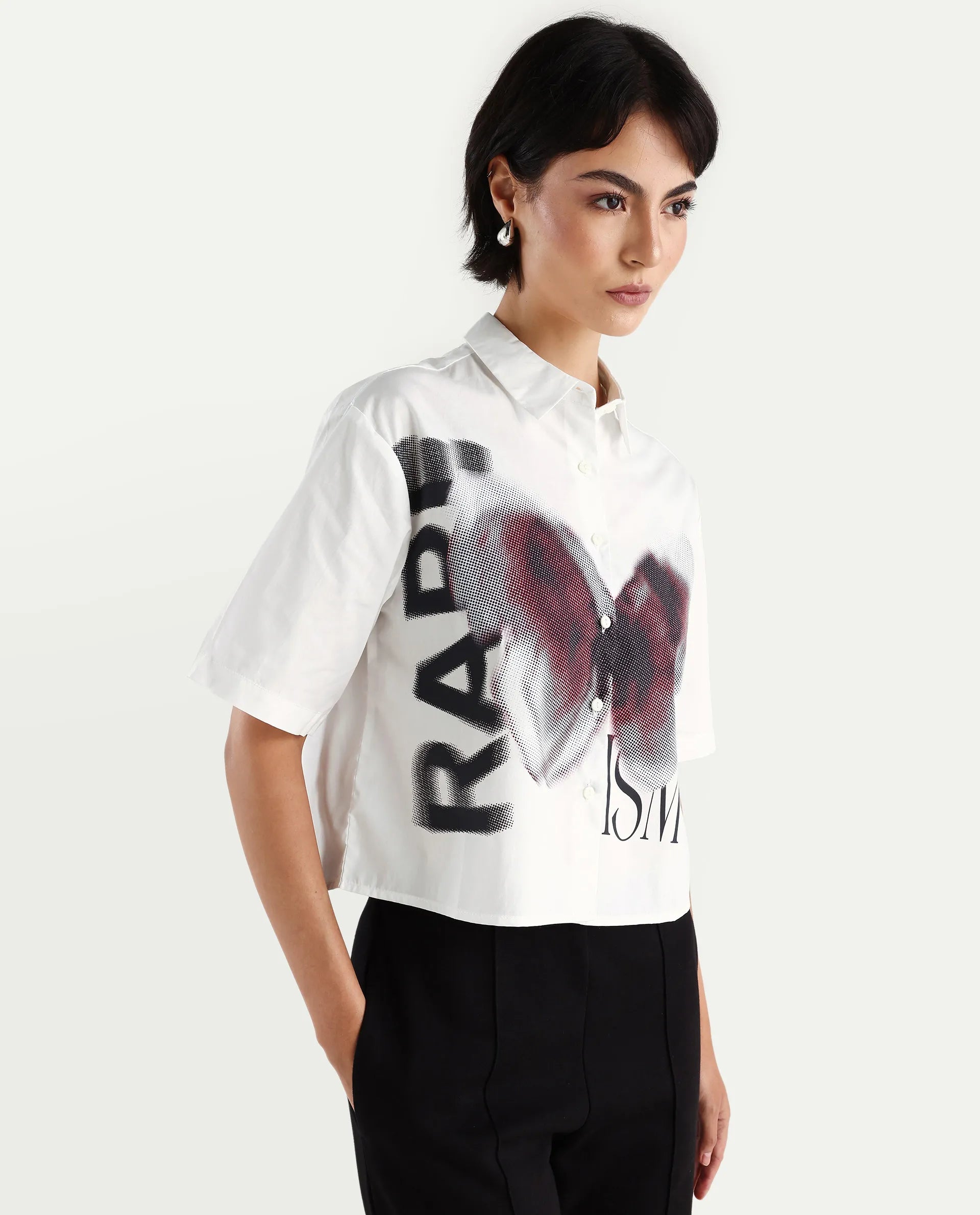Rareism Women's Cetiop White Cotton Drop Collar Graphic Print Boxy Fit Shirt