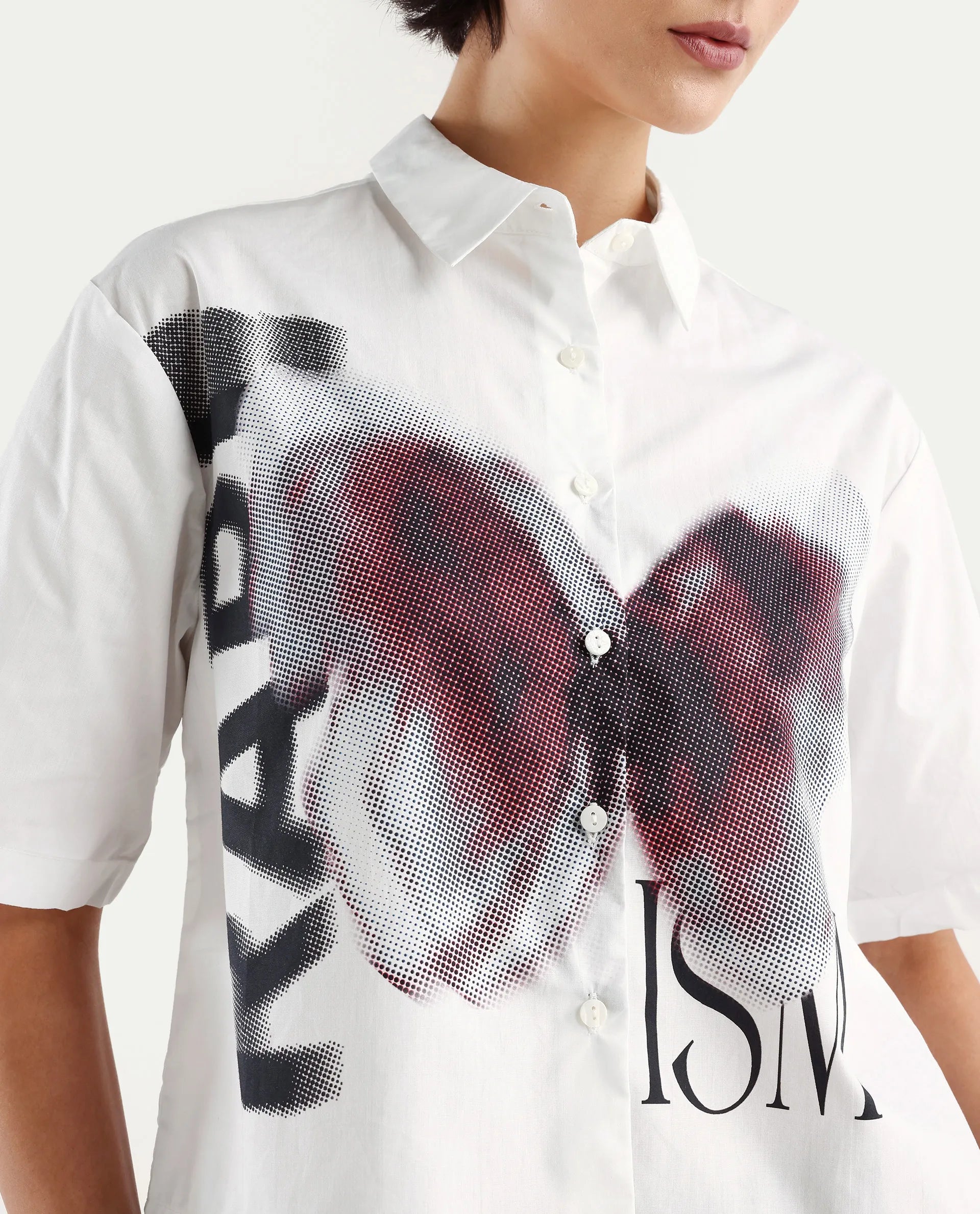 Rareism Women's Cetiop White Cotton Drop Collar Graphic Print Boxy Fit Shirt