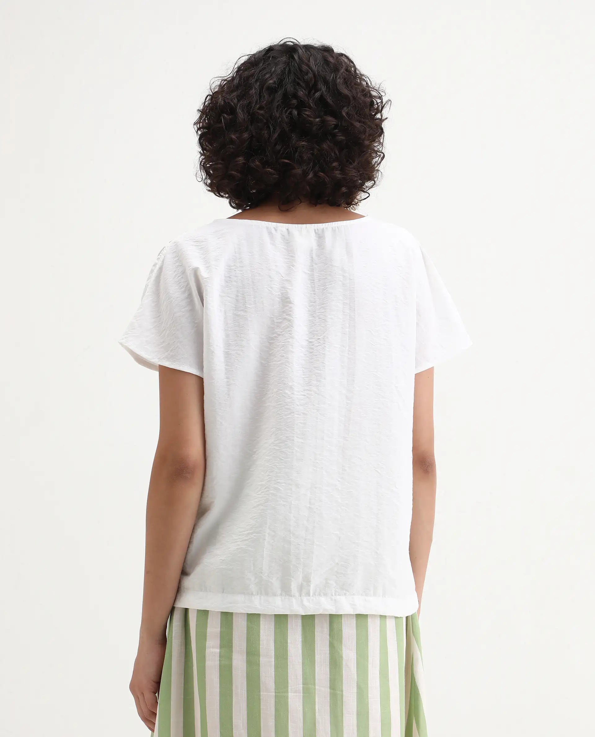 Rareism Women's Chabert White Rayon Boat Neck Plain Extended Sleeves Regular Fit Top