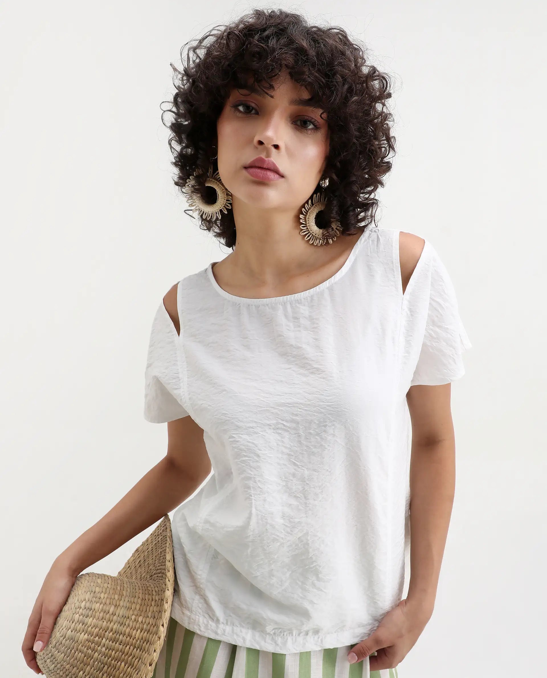 Rareism Women's Chabert White Rayon Boat Neck Plain Extended Sleeves Regular Fit Top