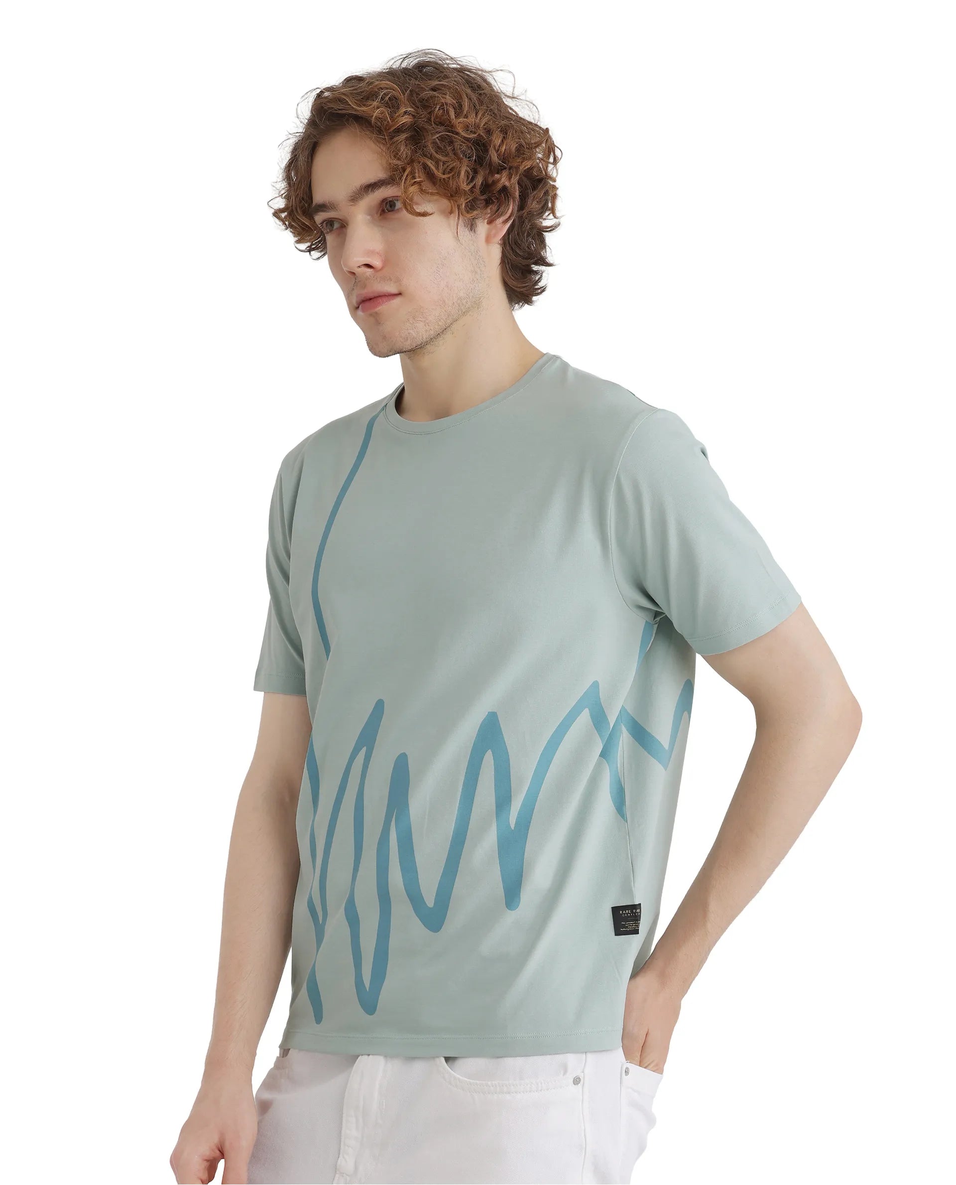 Rare Rabbit Men Chael Dusky Green Short Sleeve Crew Neck Graphic Print T-Shirt