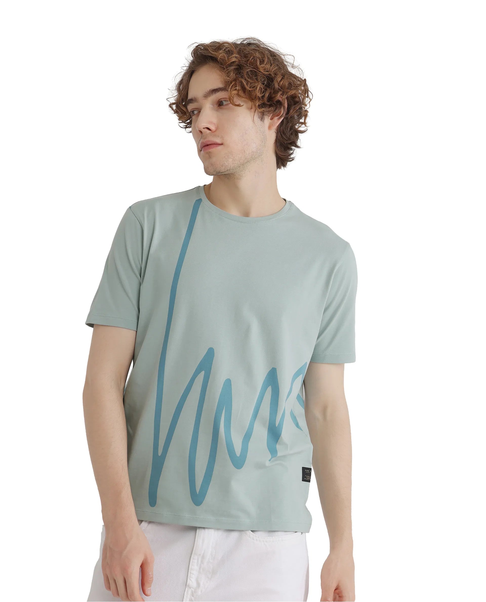 Rare Rabbit Men Chael Dusky Green Short Sleeve Crew Neck Graphic Print T-Shirt