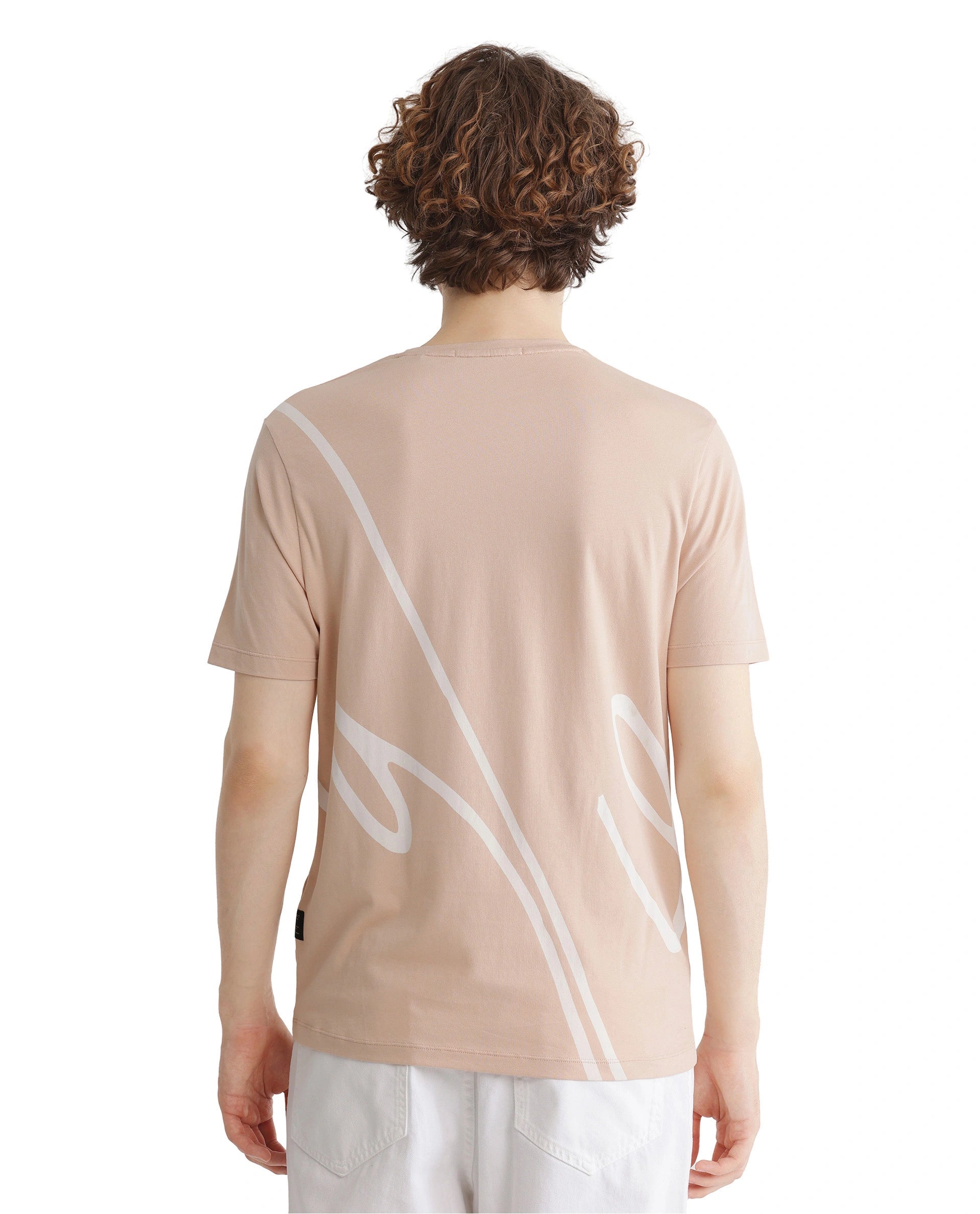 Rare Rabbit Men Chael Peach Short Sleeve Crew Neck Graphic Print T-Shirt