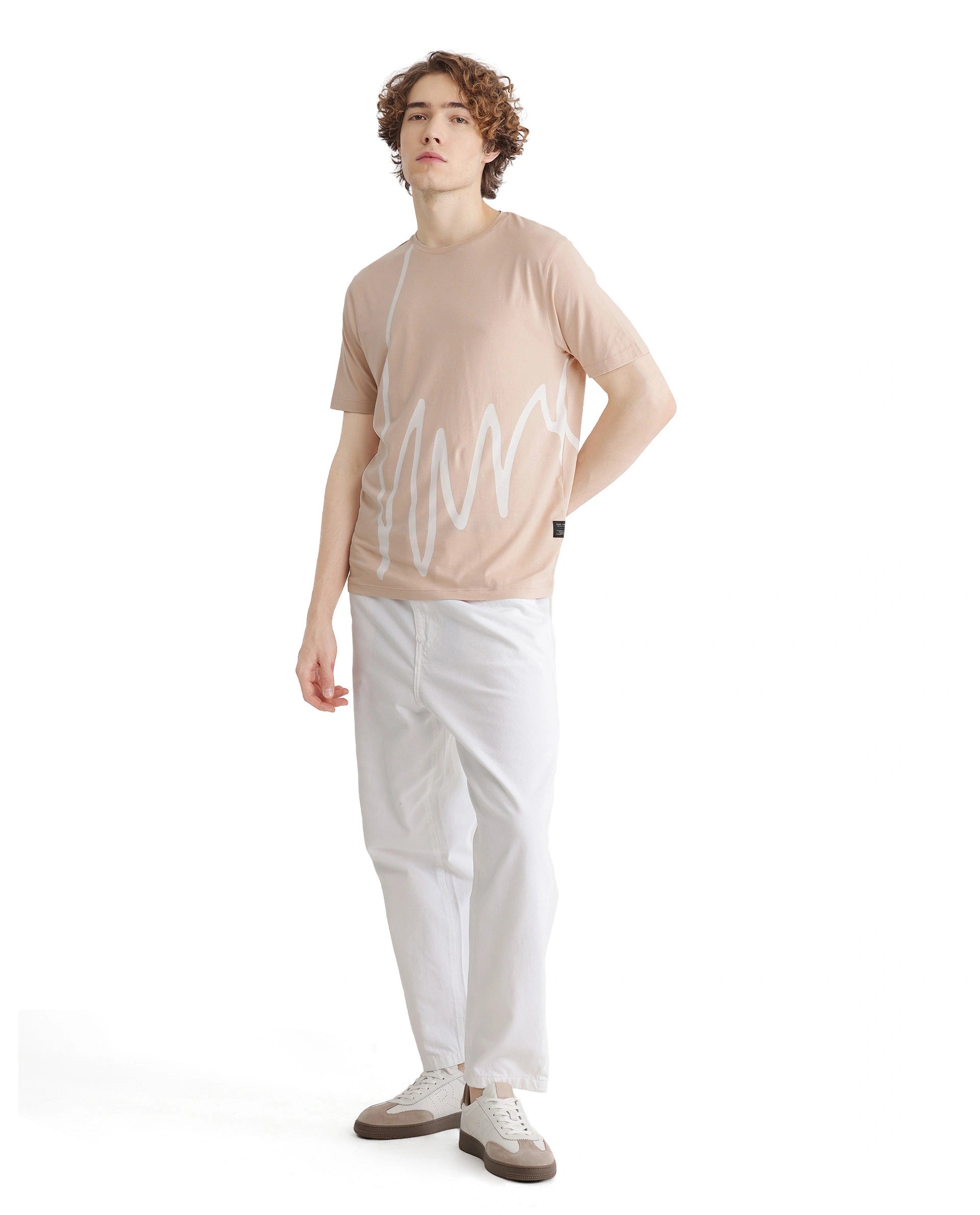 Rare Rabbit Men Chael Peach Short Sleeve Crew Neck Graphic Print T-Shirt