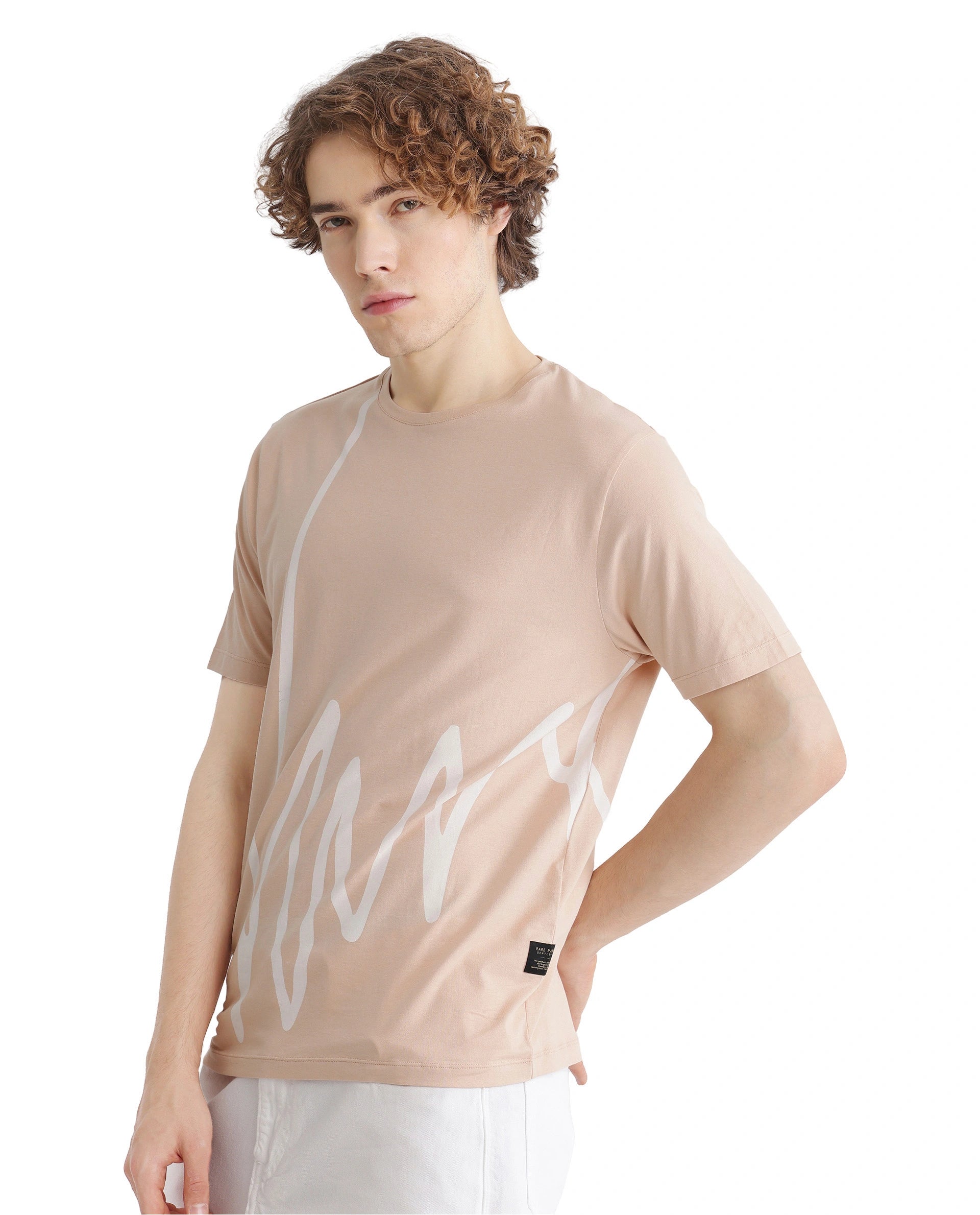 Rare Rabbit Men Chael Peach Short Sleeve Crew Neck Graphic Print T-Shirt