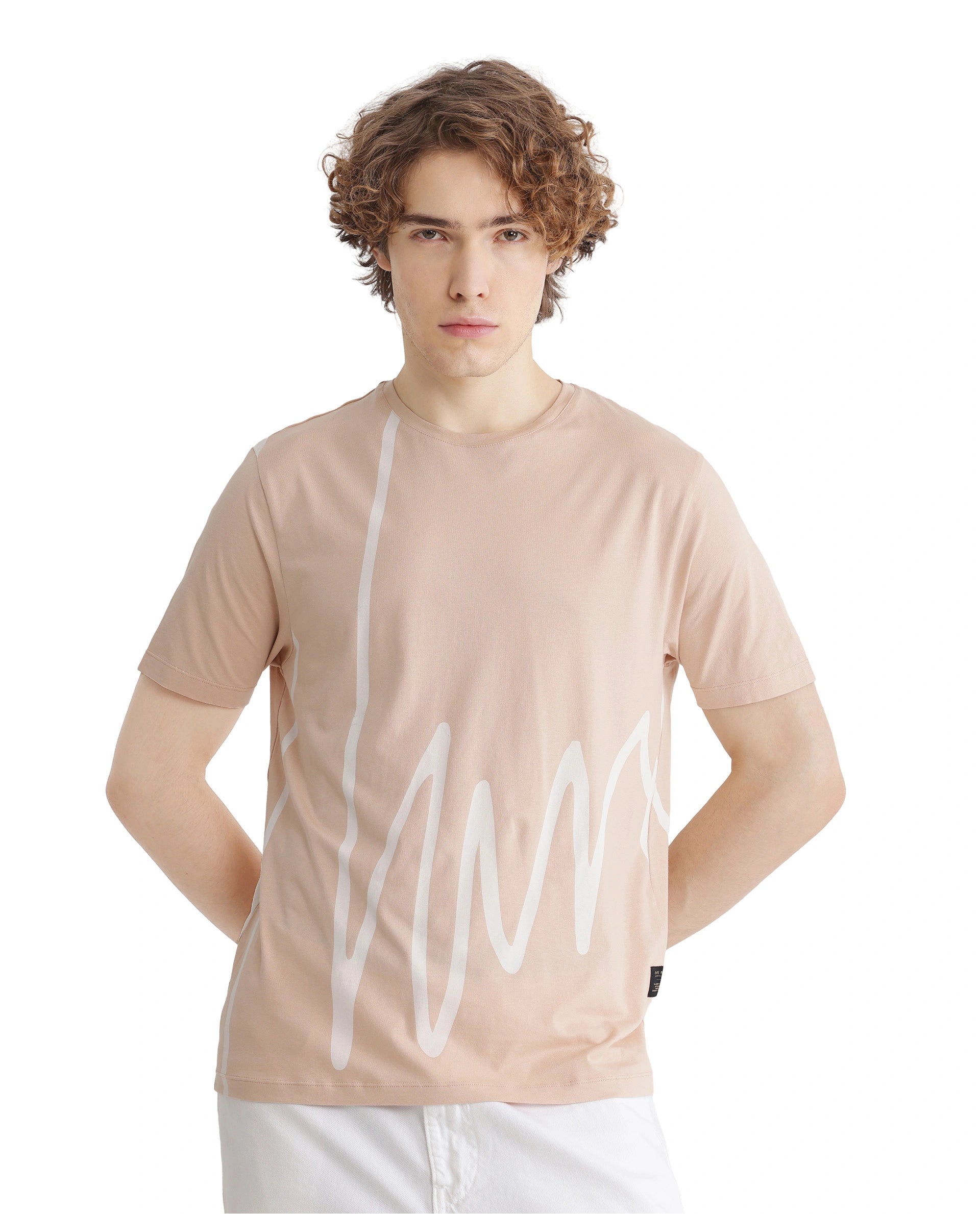 Rare Rabbit Men Chael Peach Short Sleeve Crew Neck Graphic Print T-Shirt