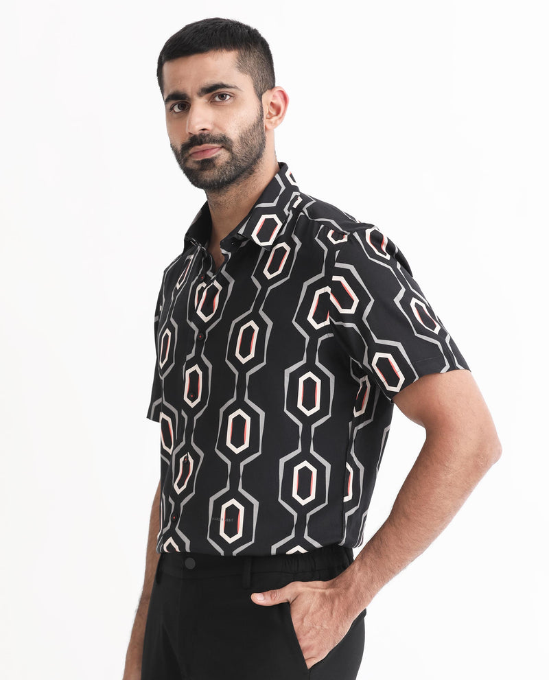 Rare Rabbit Men's Chain Black Modal Fabric Geometric Print Half Sleeves Shirt