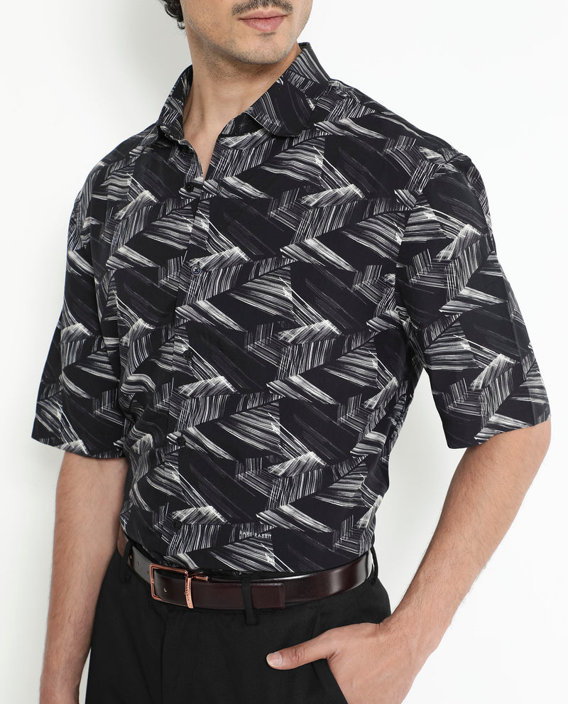 Rare Rabbit Men's Chain Black Viscose Fabric Short Sleeve Boxy Fit Abstract Print Shirt