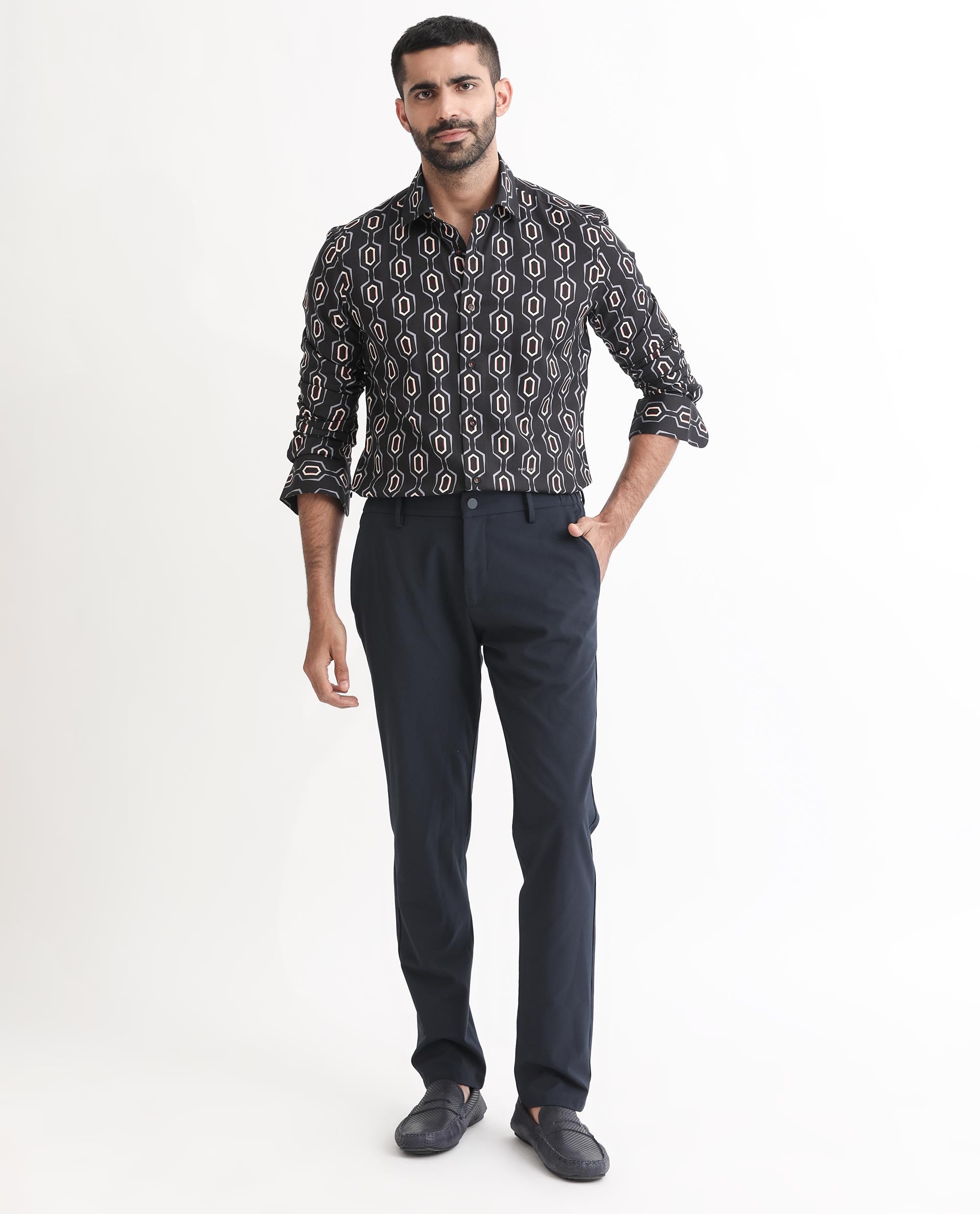 Rare Rabbit Men's Chains Black Modal Fabric Geometric Print Full Sleeves Shirt