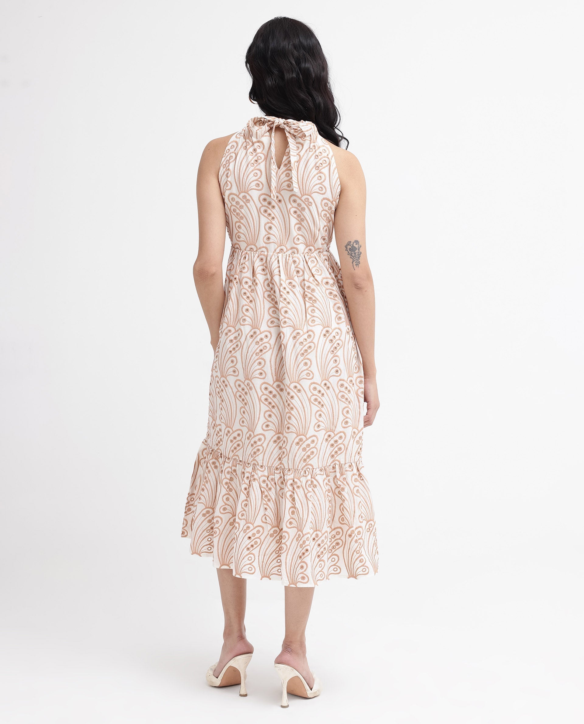 Rareism Women Chalco-SC Beige Sleeveless Halter Neck Fit And Flare Plain Maxi Dress