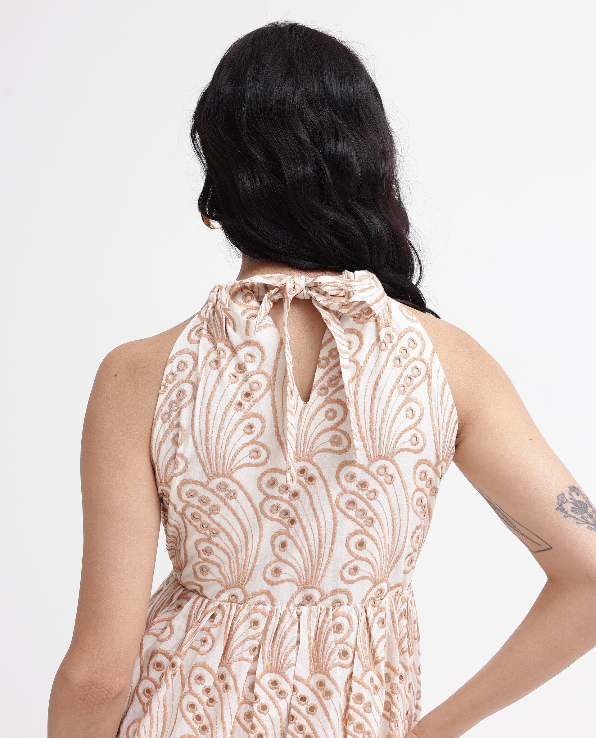 Rareism Women Chalco-SC Beige Sleeveless Halter Neck Fit And Flare Plain Maxi Dress