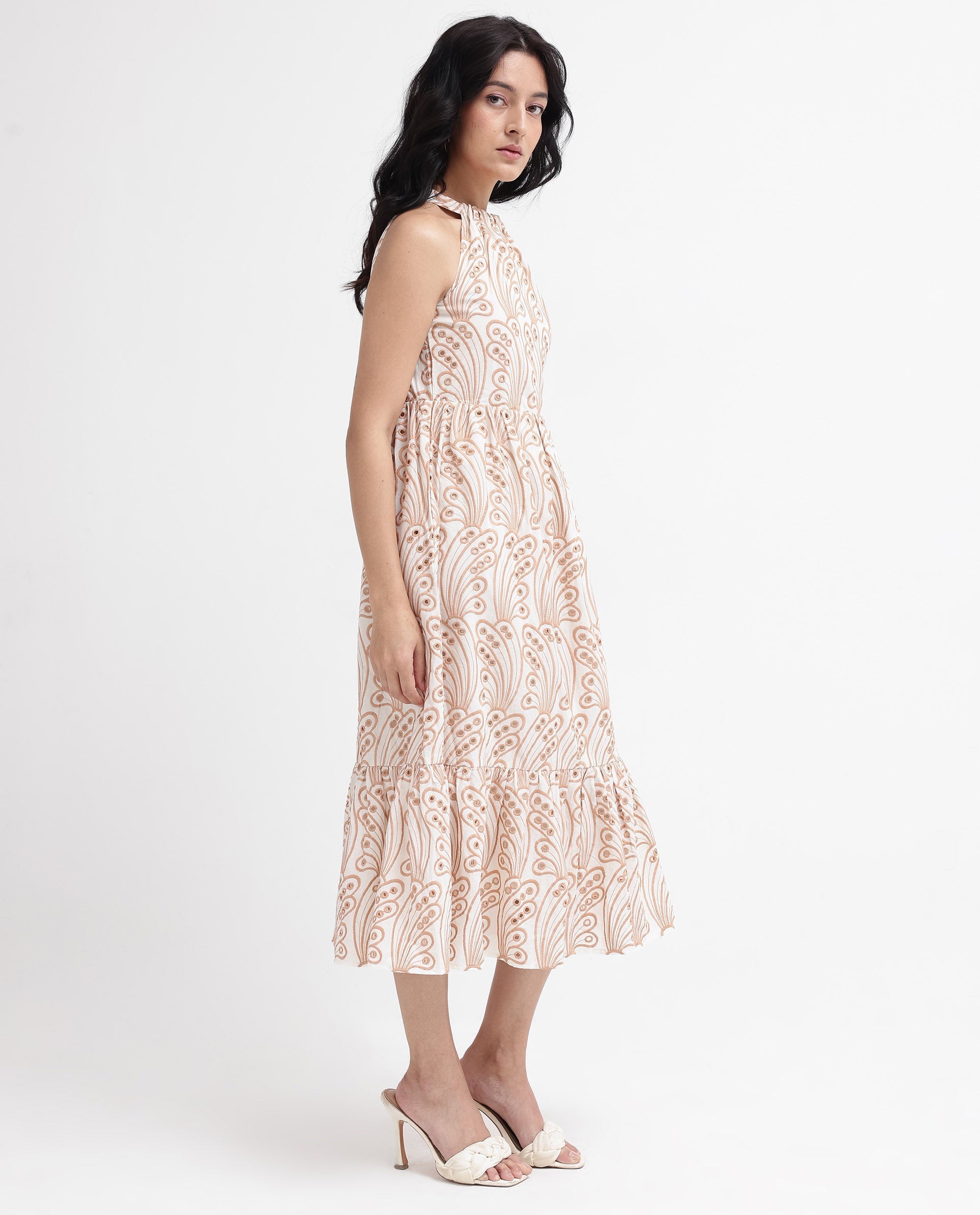 Rareism Women Chalco-SC Beige Sleeveless Halter Neck Fit And Flare Plain Maxi Dress