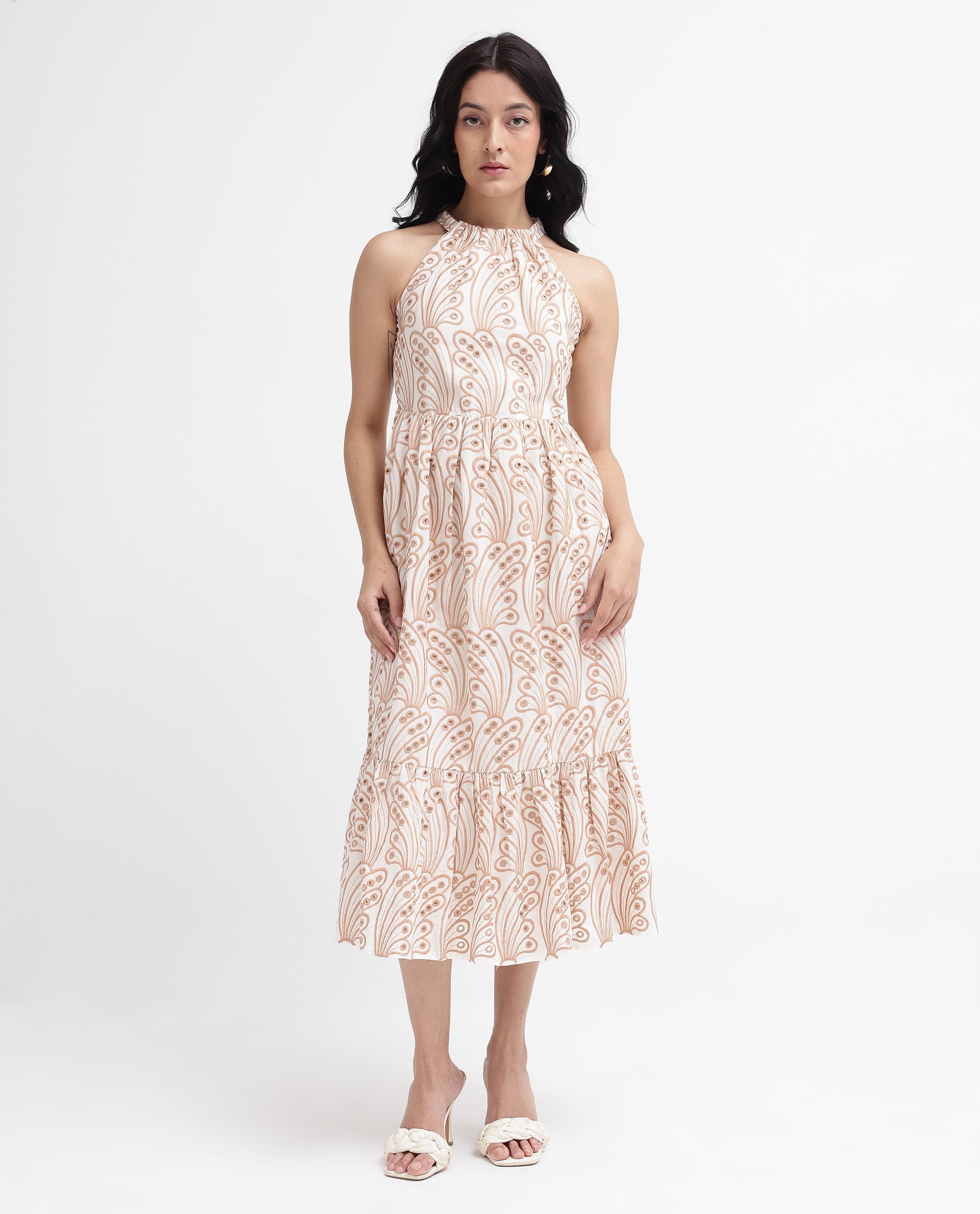 Rareism Women Chalco-SC Beige Sleeveless Halter Neck Fit And Flare Plain Maxi Dress