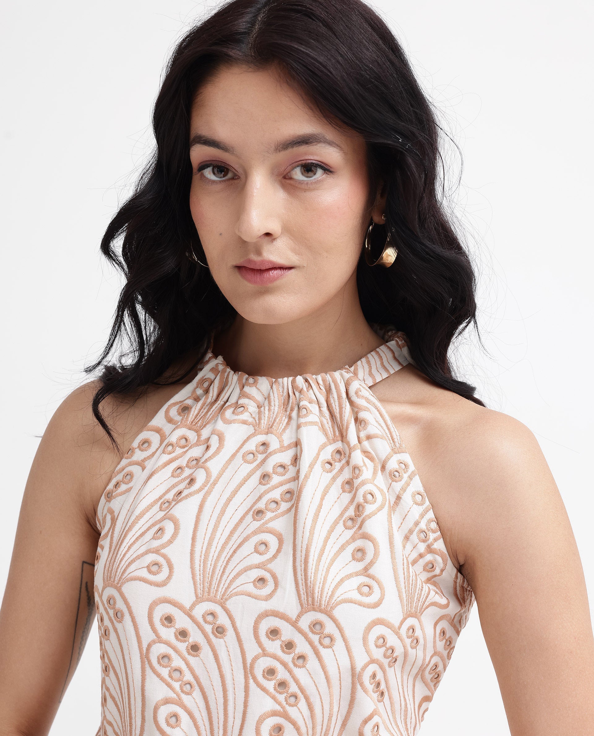 Rareism Women Chalco-SC Beige Sleeveless Halter Neck Fit And Flare Plain Maxi Dress