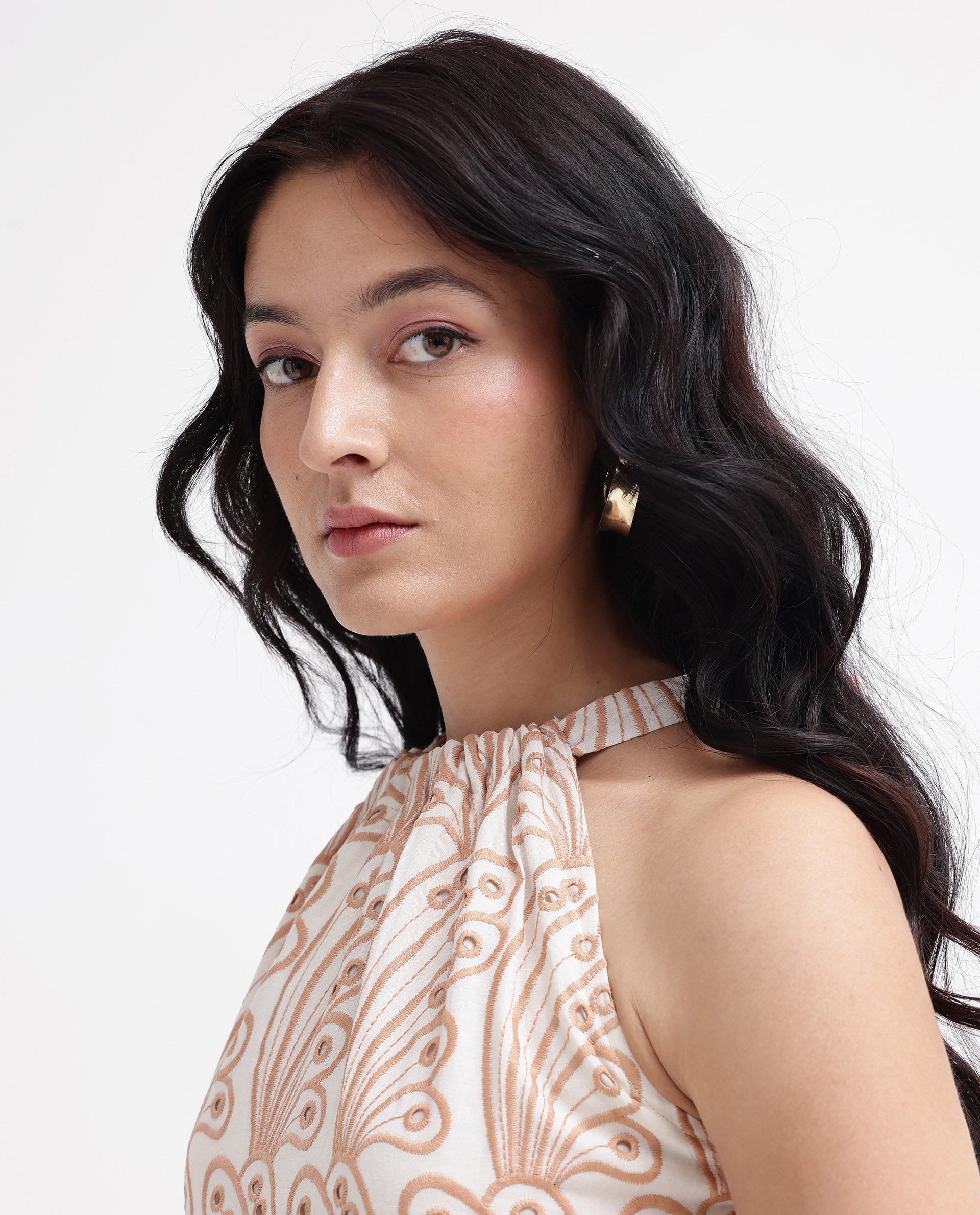 Rareism Women Chalco-SC Beige Sleeveless Halter Neck Fit And Flare Plain Maxi Dress