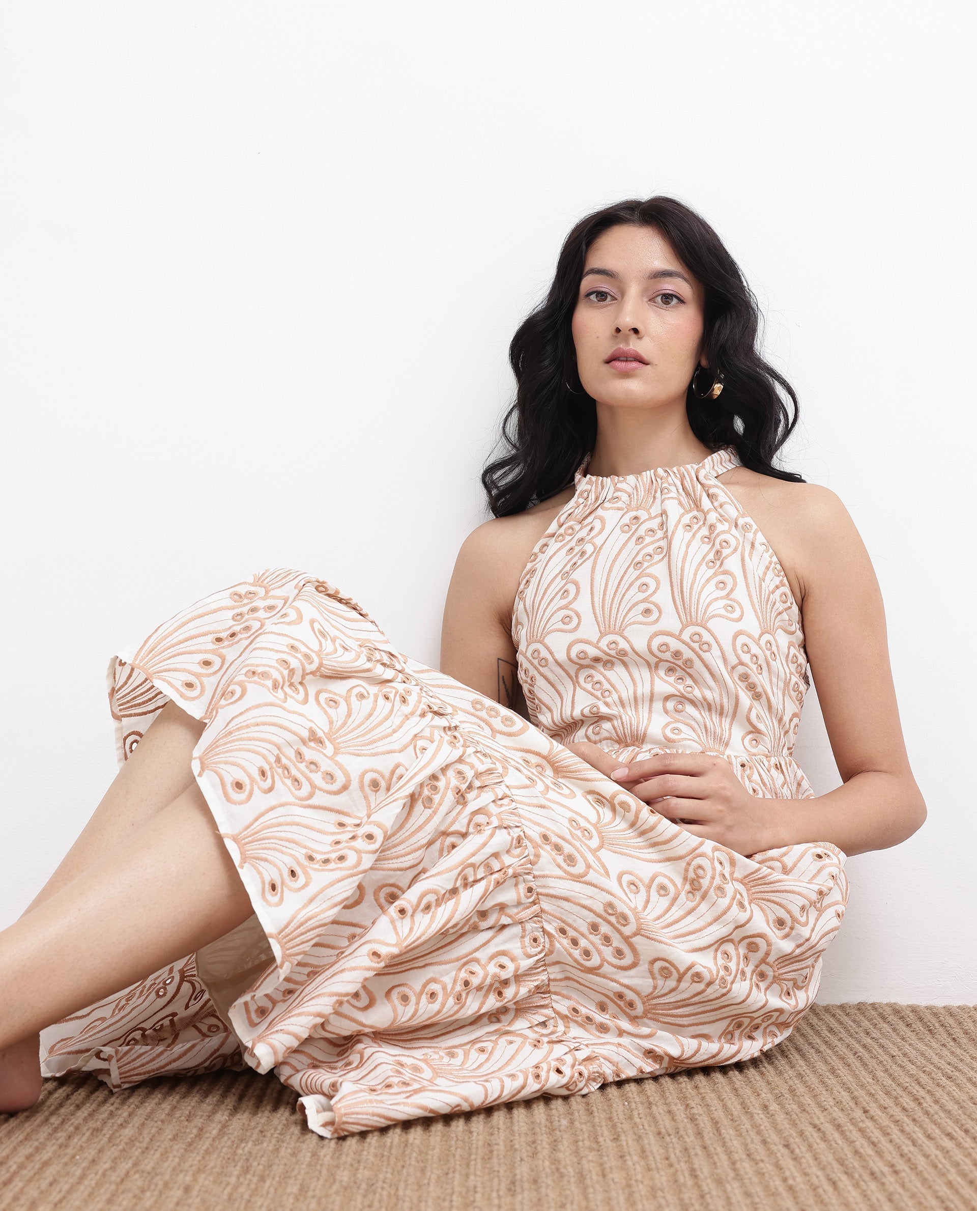 Rareism Women Chalco-SC Beige Sleeveless Halter Neck Fit And Flare Plain Maxi Dress