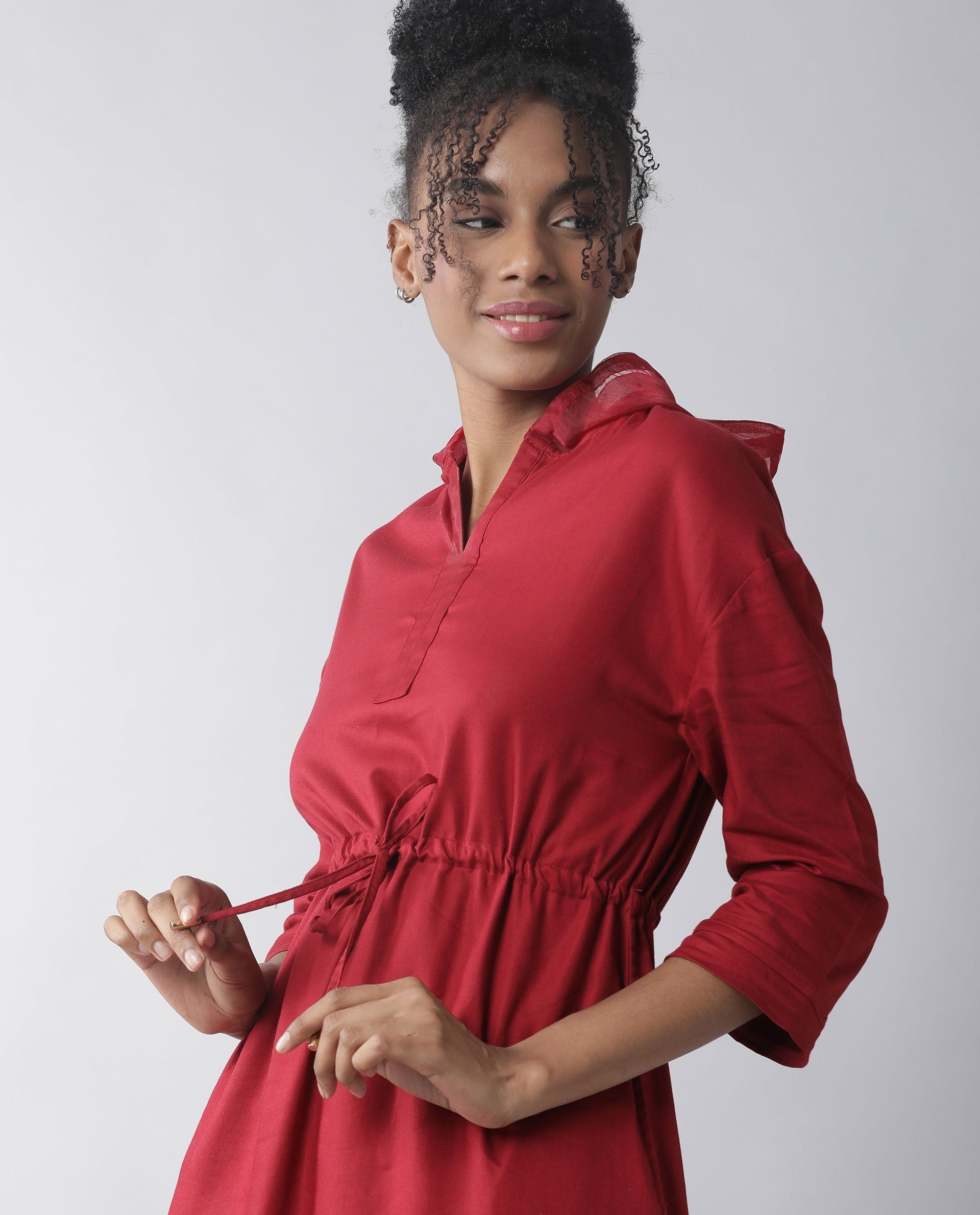 Rareism Womens Chalk Maroon Dress Tencel Fabric Hooded Long Length