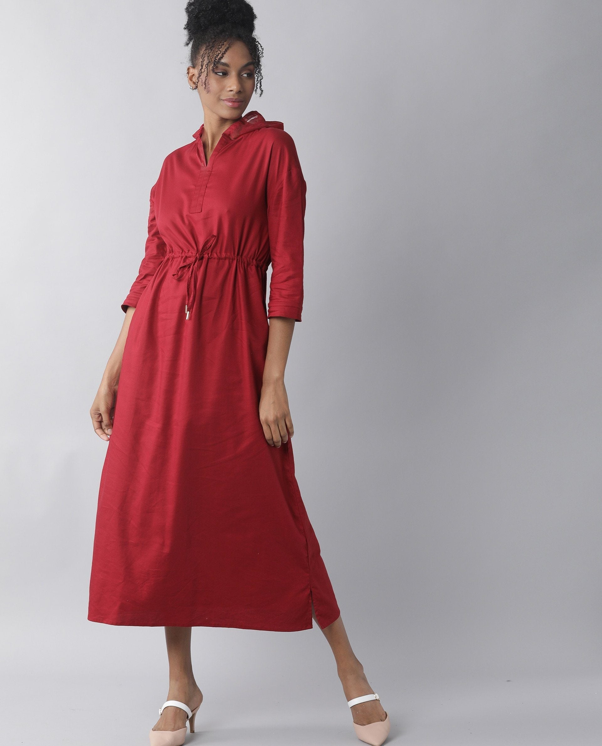 Rareism Womens Chalk Maroon Dress Tencel Fabric Hooded Long Length