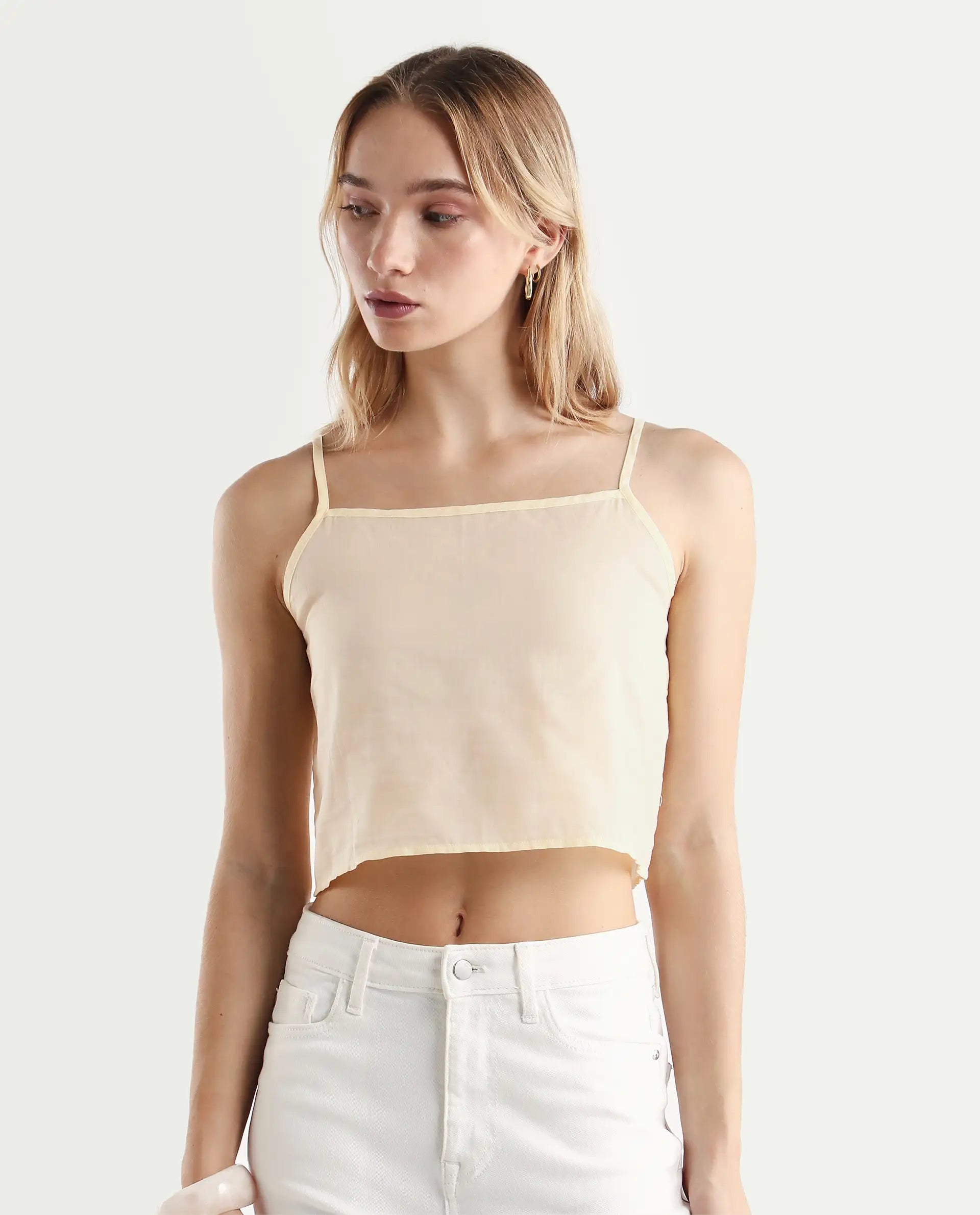 Rareism Women's Chalsey Yellow Polyester Crew Neck Plain Raglan Sleeve Crop Regular Fit Top