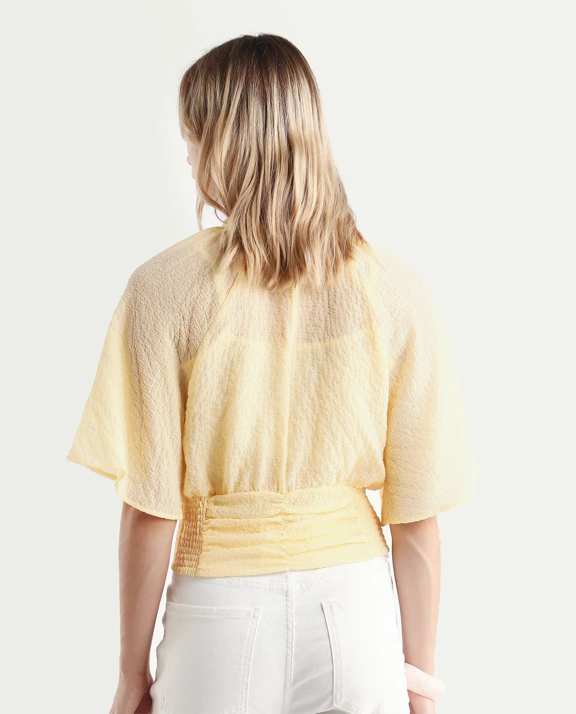 Rareism Women's Chalsey Yellow Polyester Crew Neck Plain Raglan Sleeve Crop Regular Fit Top