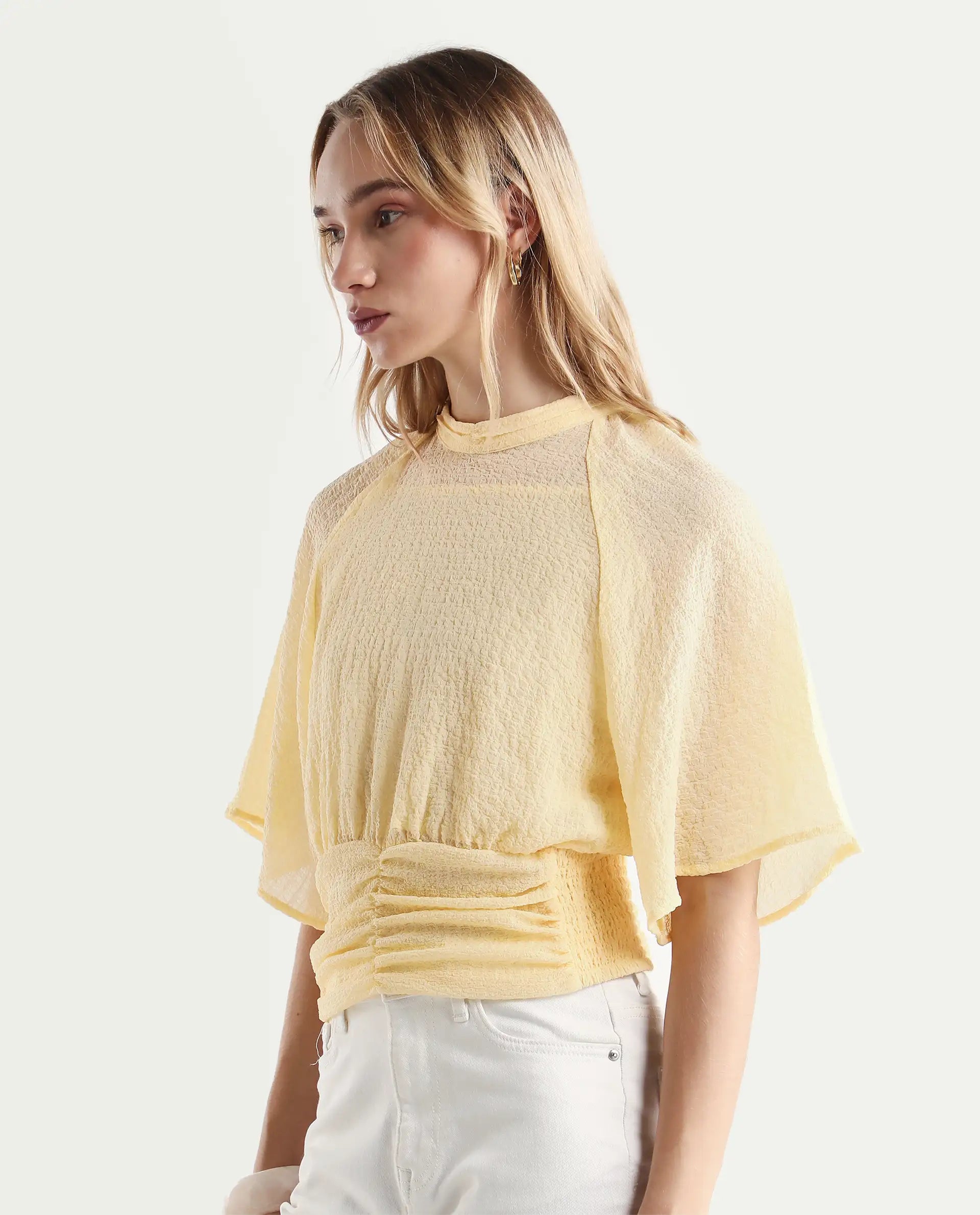 Rareism Women's Chalsey Yellow Polyester Crew Neck Plain Raglan Sleeve Crop Regular Fit Top