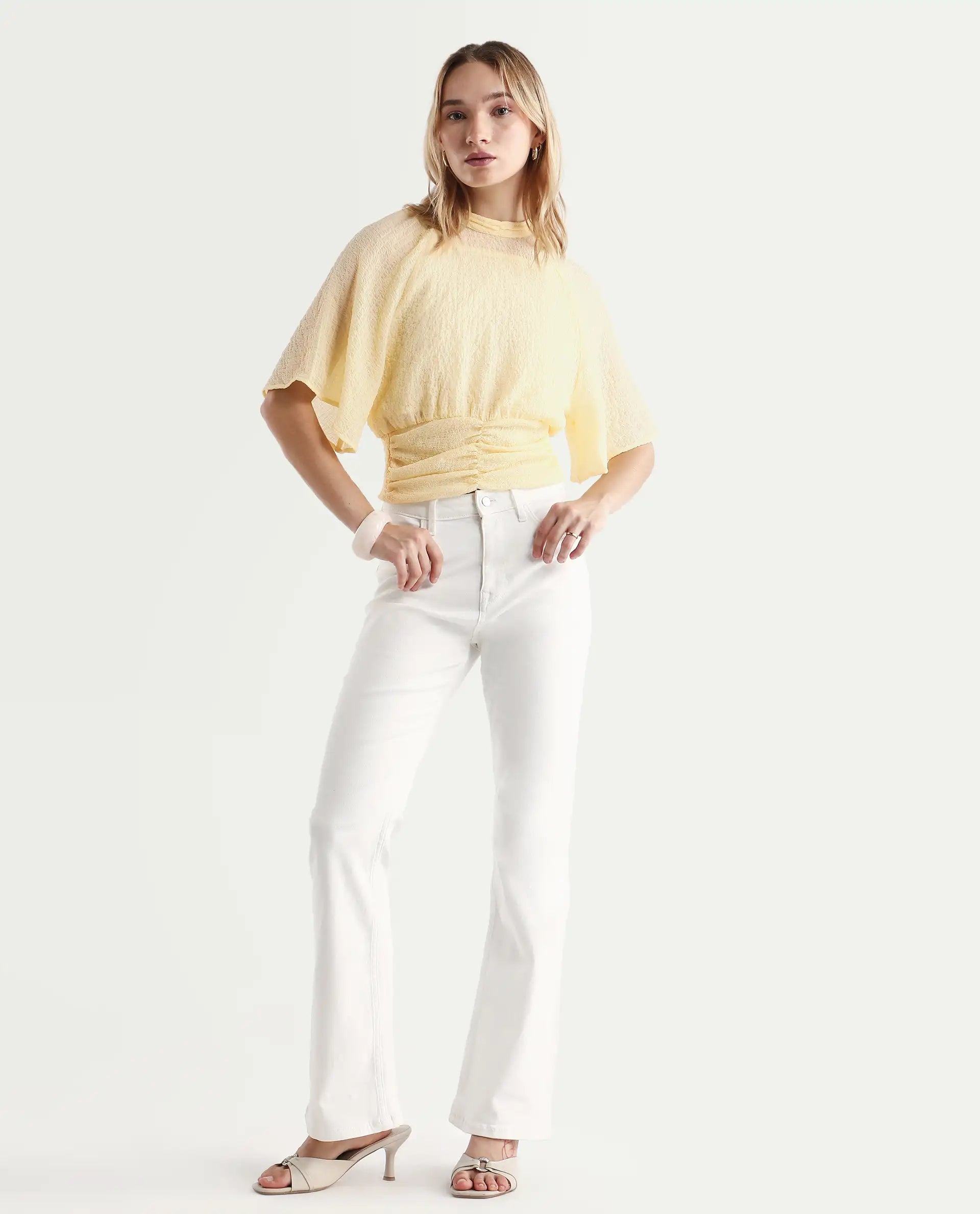 Rareism Women's Chalsey Yellow Polyester Crew Neck Plain Raglan Sleeve Crop Regular Fit Top