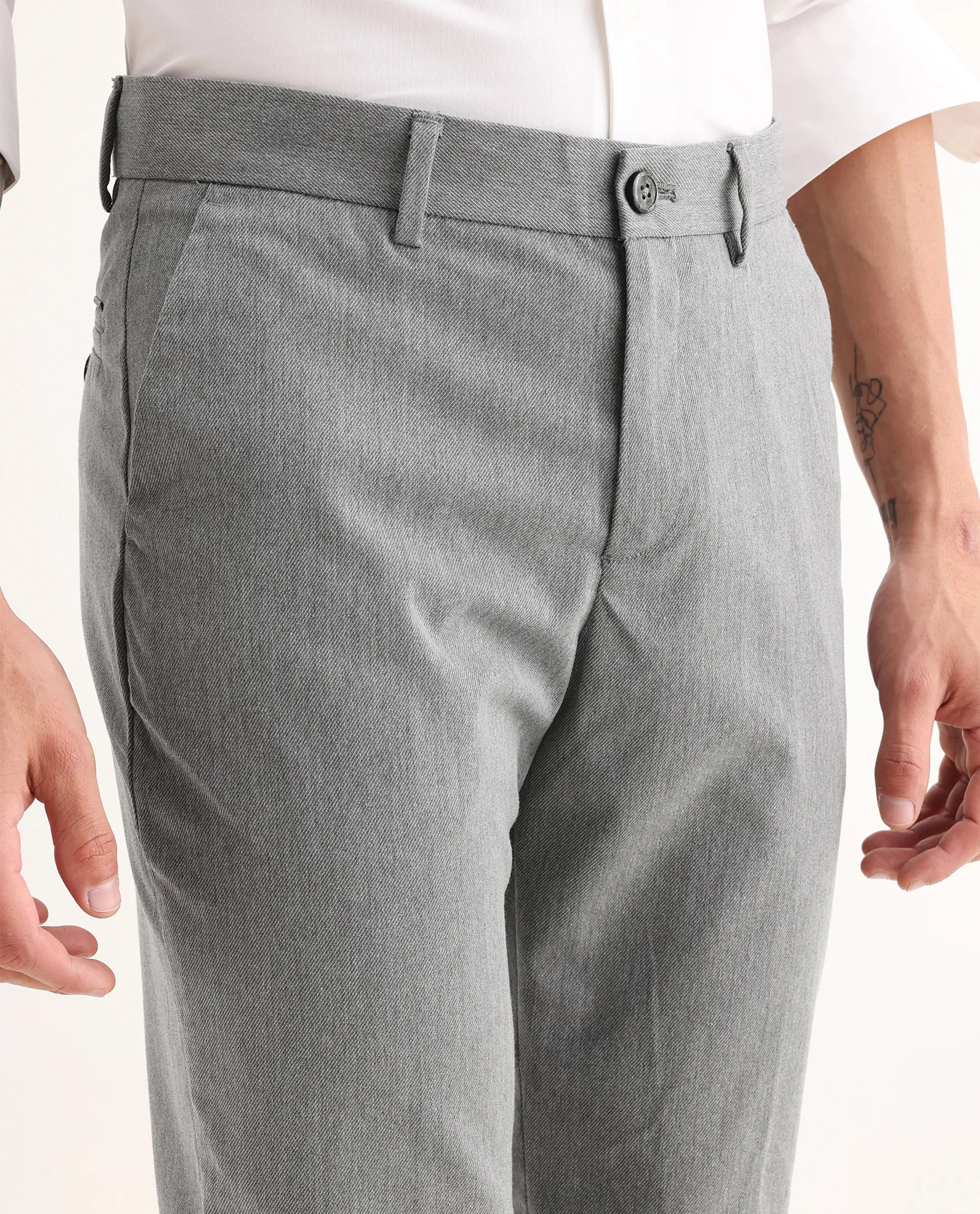 Rare Rabbit Men's Chamer Grey Polyester Plain Regular Fit Trouser