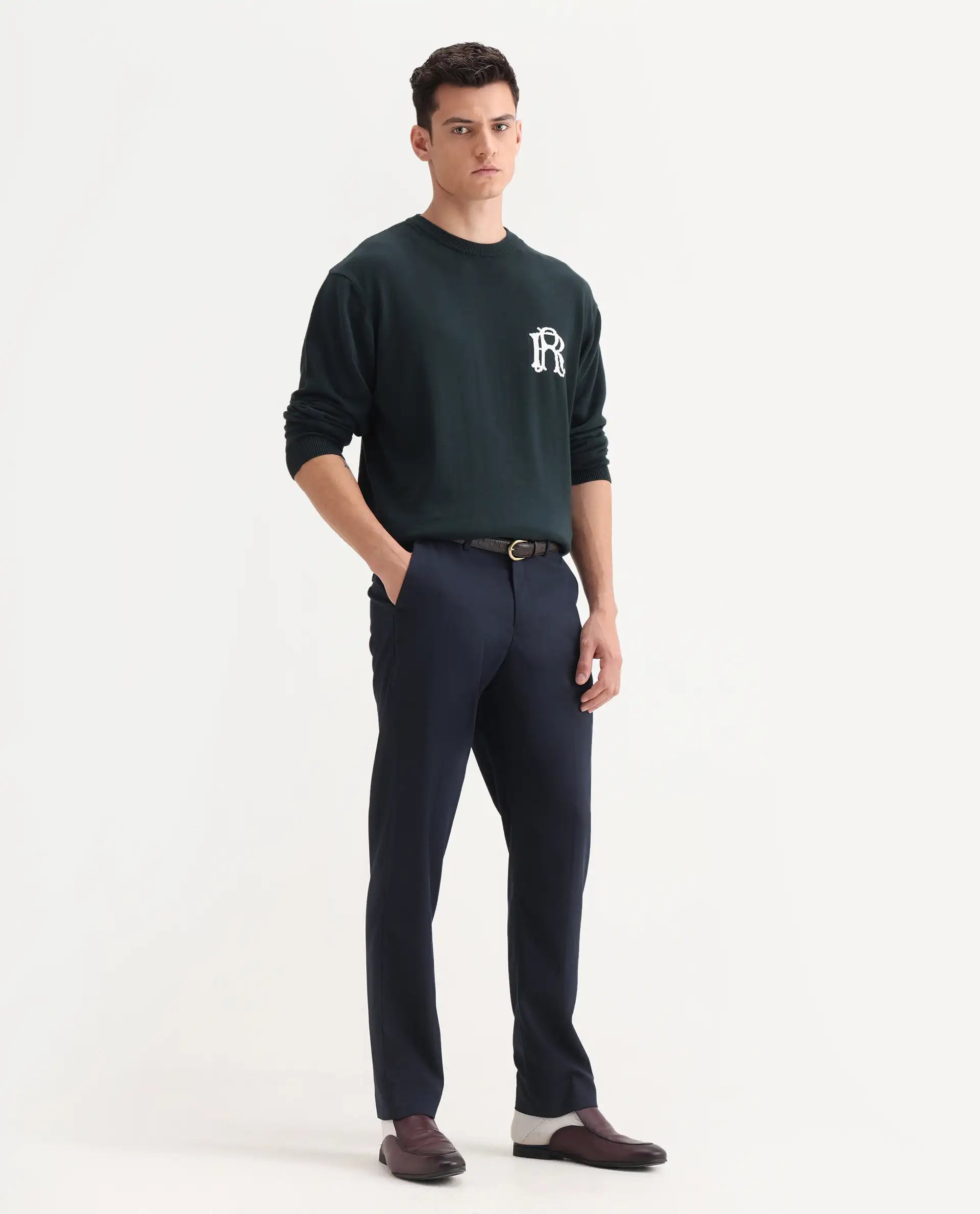 Rare Rabbit Men's Chamer Navy Polyester Plain Regular Fit Trouser