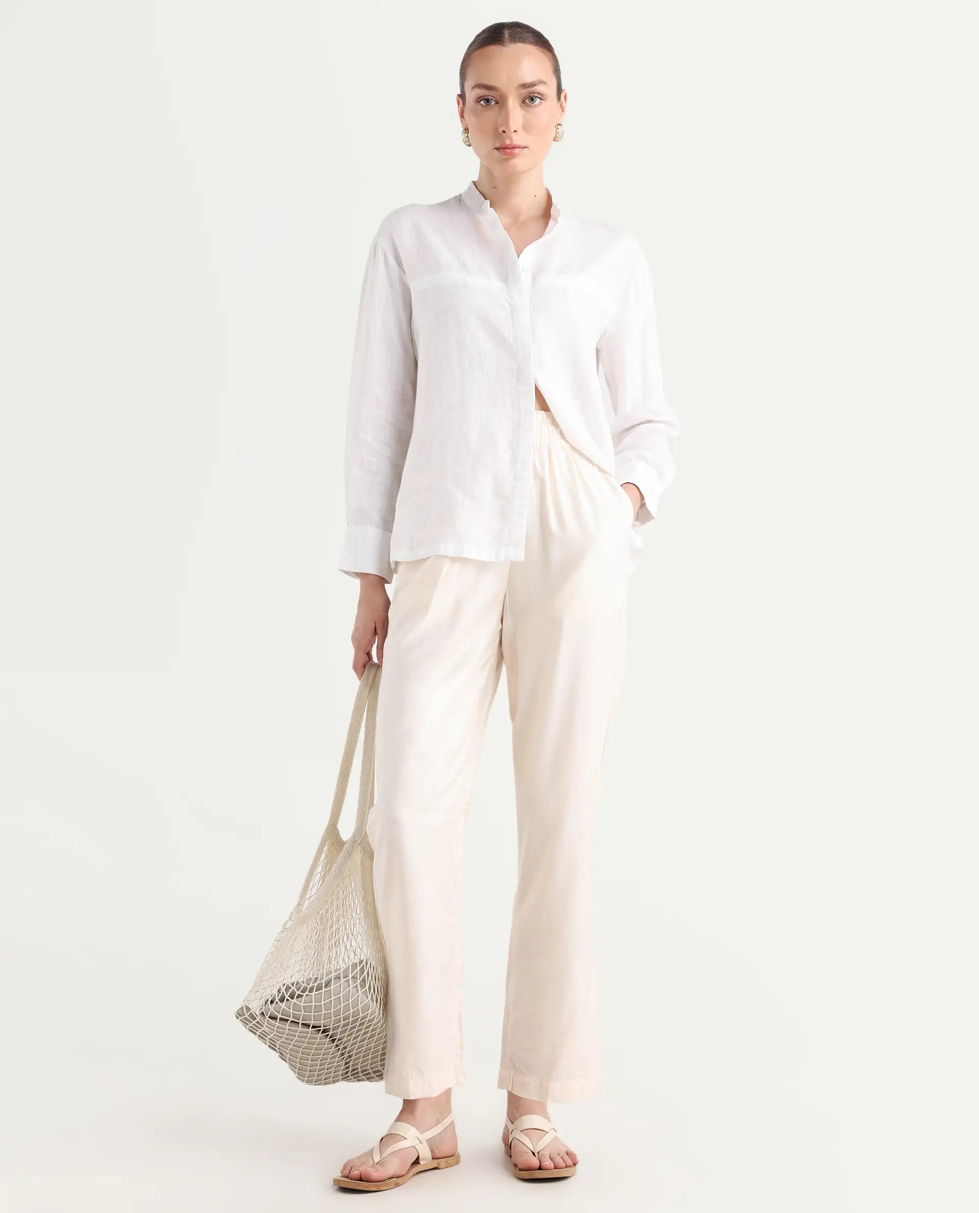 Rareism Women's Chant-B-Beige Viscose Blend Plain Ankle Length Tapered Trouser