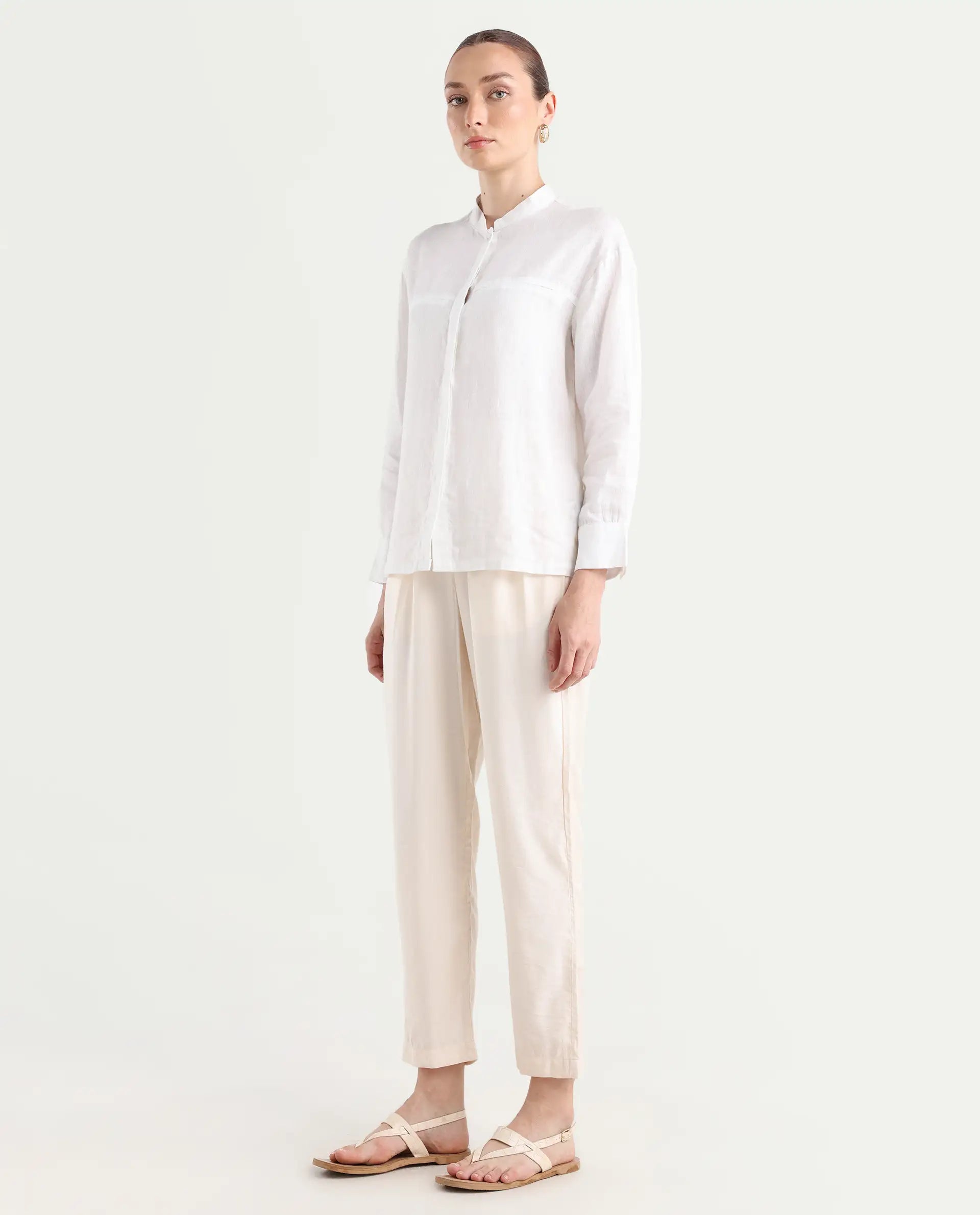 Rareism Women's Chant-B-Beige Viscose Blend Plain Ankle Length Tapered Trouser