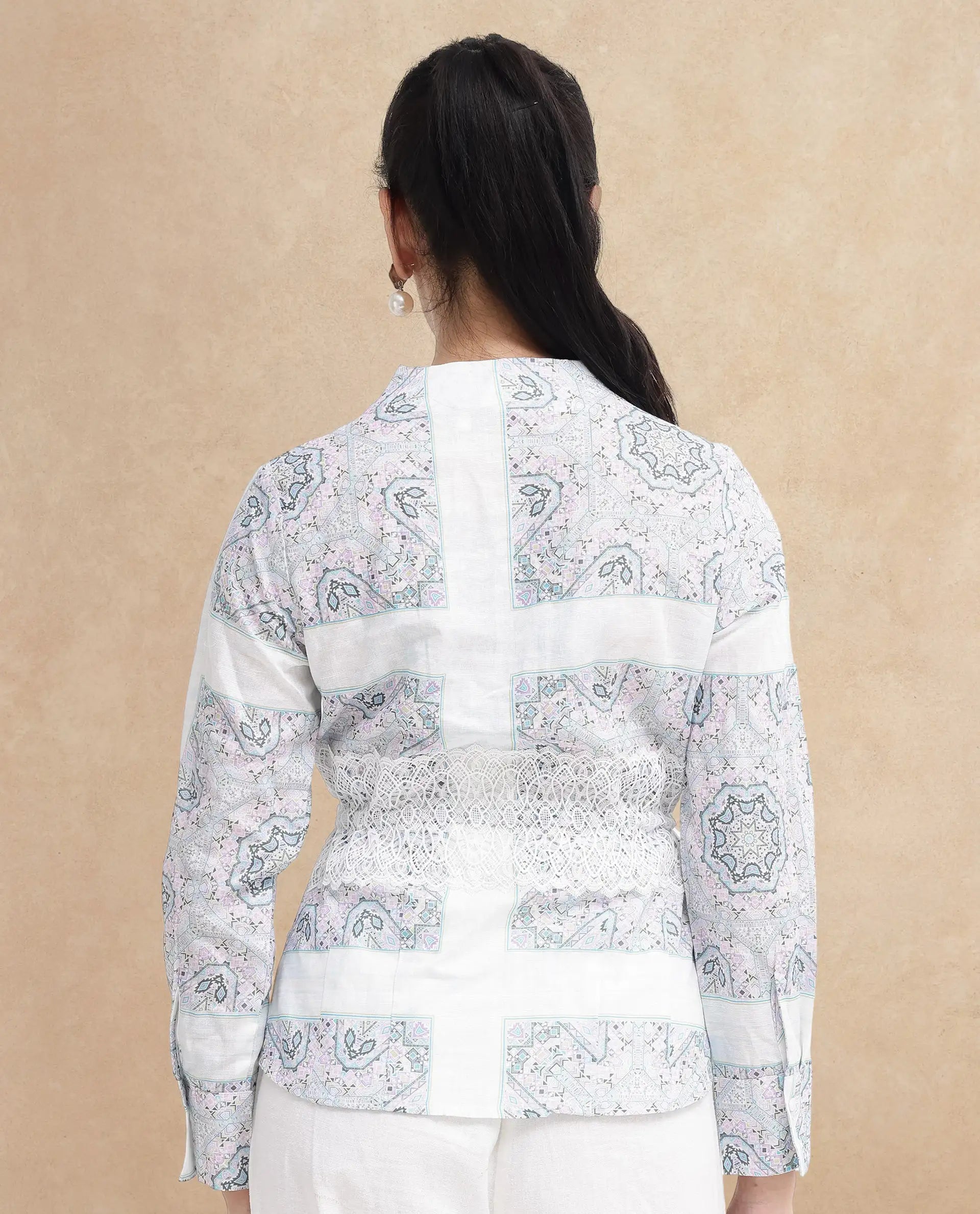 Rareism Women Chanteo-SC Light Multi Cuffed Sleeve V-Neck Button Abstract Print Top