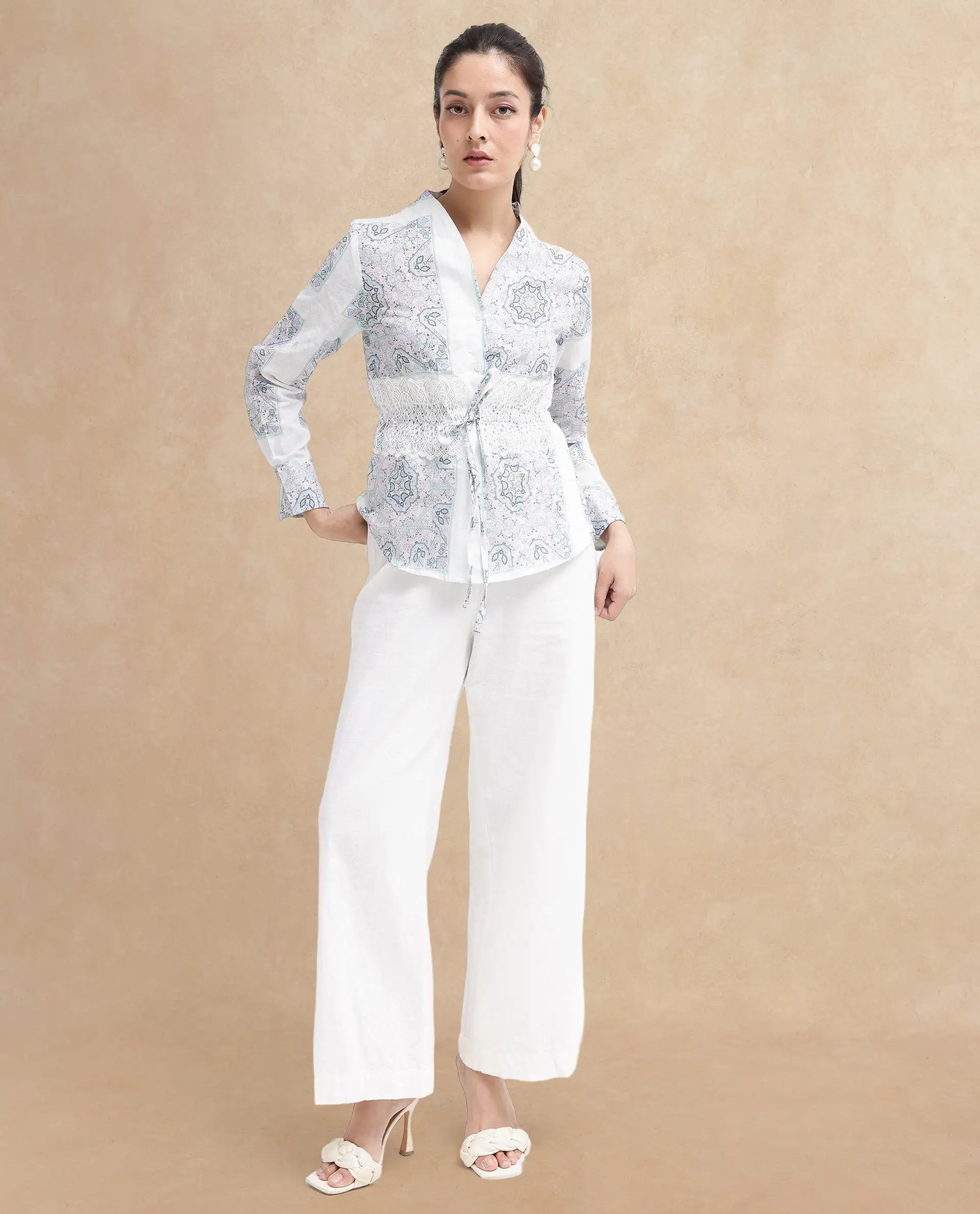 Rareism Women Chanteo-SC Light Multi Cuffed Sleeve V-Neck Button Abstract Print Top