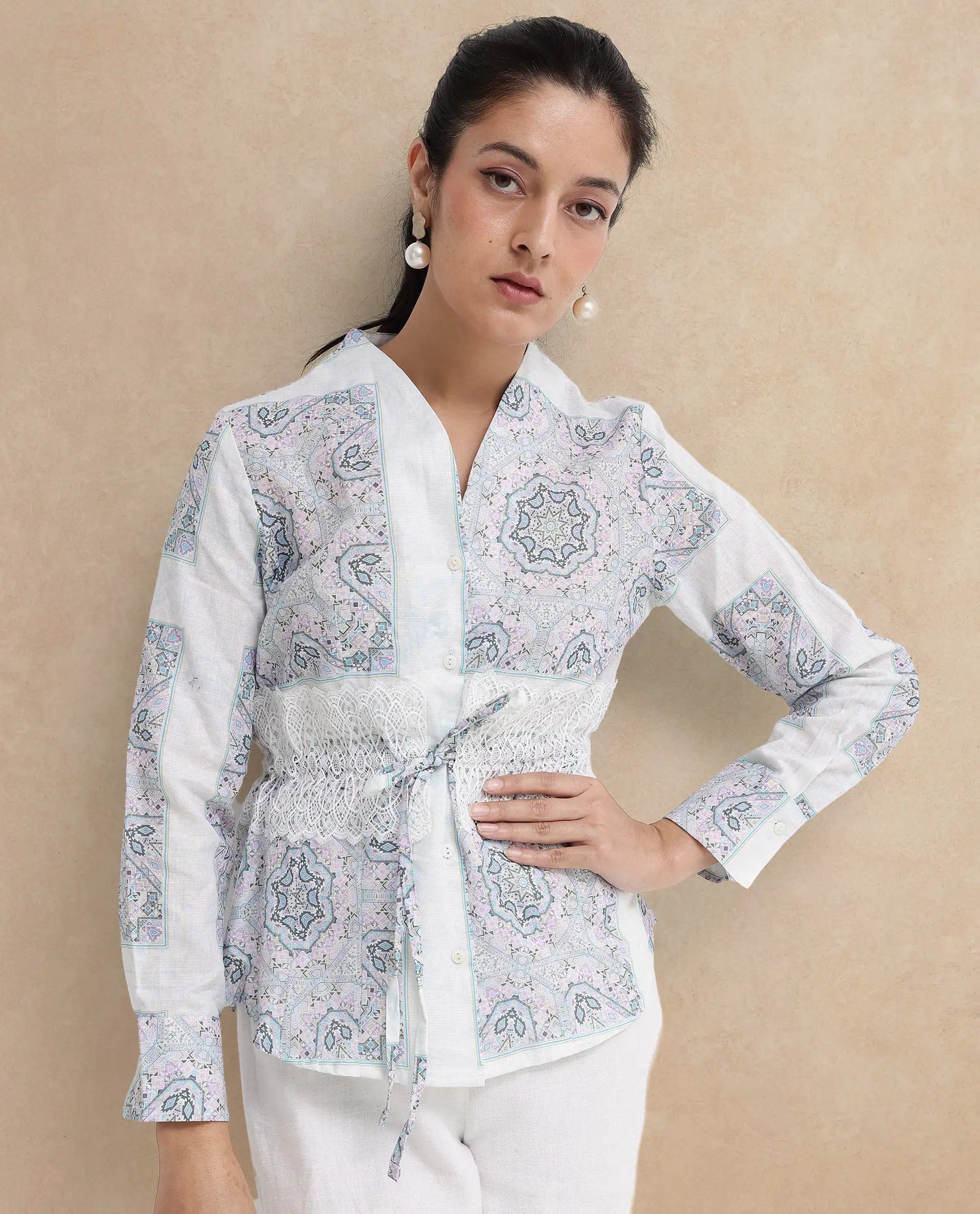 Rareism Women Chanteo-SC Light Multi Cuffed Sleeve V-Neck Button Abstract Print Top