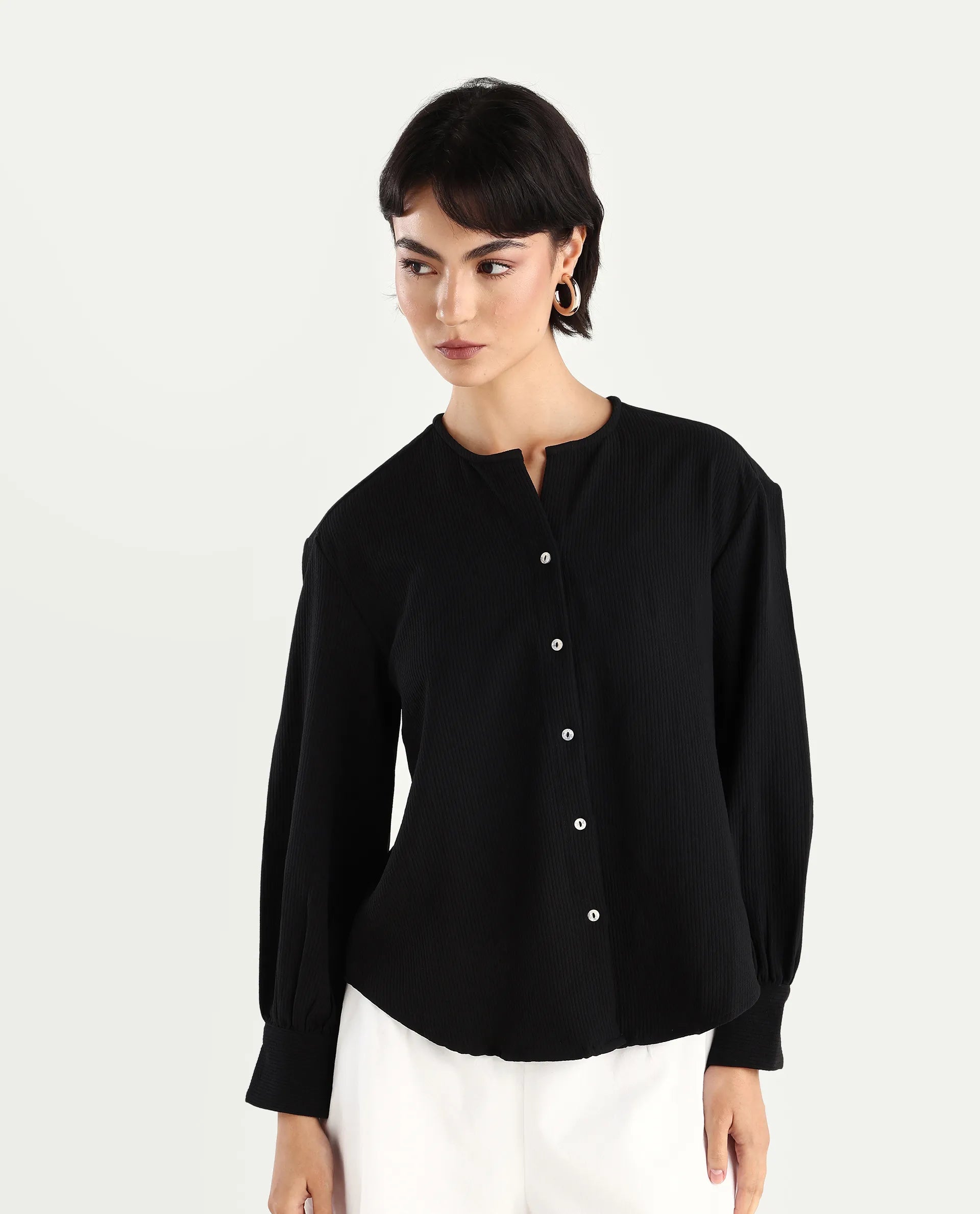 Rareism Women's Chantrey Black Cotton Crew Neck Plain Cuffed Sleeve Regular Fit Top